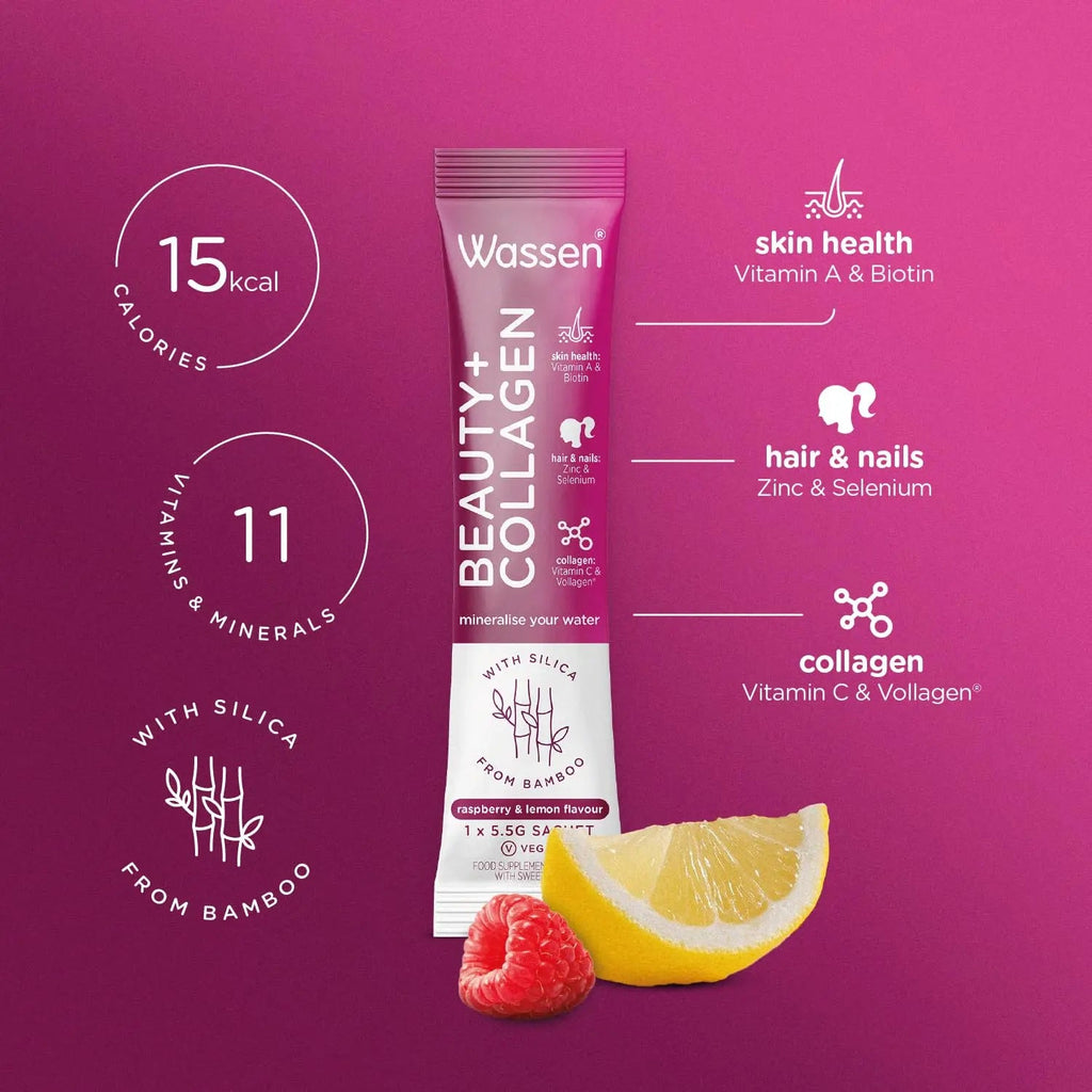 Wassen Beauty and Collagen - Plant-Based Vegan Collagen - 14 Raspberry & Lemon Flavoured Sachets Wassen Au supplements