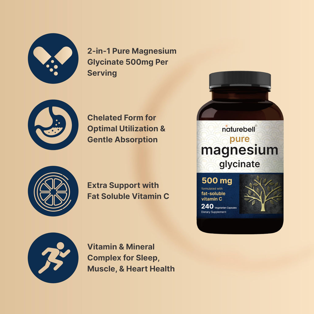 Naturebell Pure Magnesium Glycinate 500mg, 240 Veggie Capsules | 100% Chelated & Purified – 3rd Party Tested, Vegan Friendly, Non-GMO, Filler Free