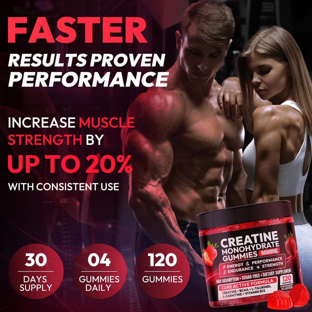 Creatine Gummies Monohydrate Complex 9000MG, Chewable Creatine Monohydrate Gummies for Men & Women with L-Taurine, BCAA 2:1, B12/6, Building Muscle