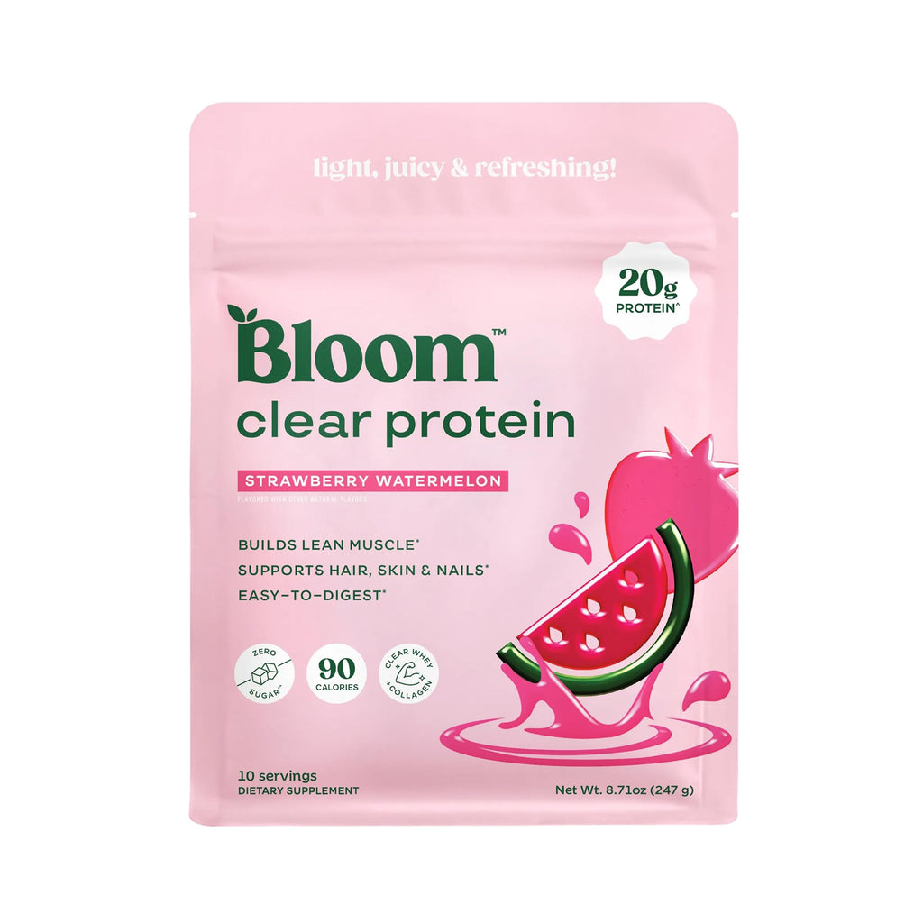 Bloom Clear Protein, Whey Protein Isolate with Collagen Peptides and Digestive Enzymes, 20g Protein, Sugar Free Post Workout Drink Mix, 90 Calories,