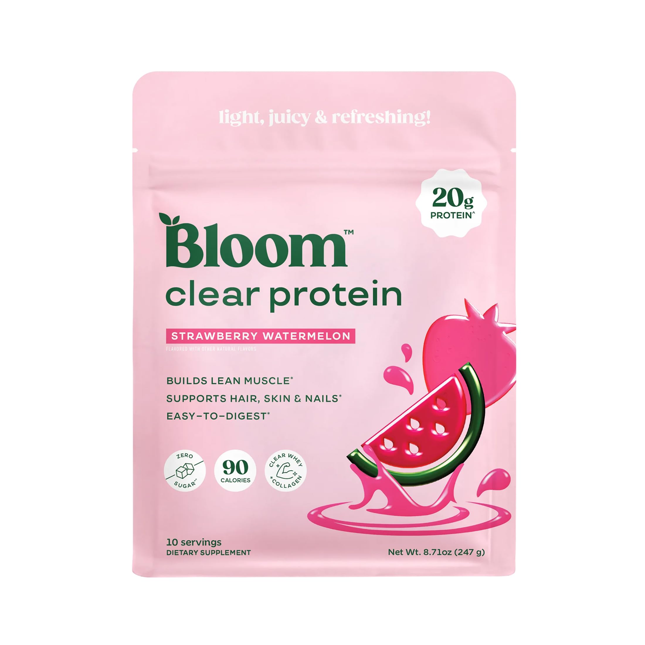 Bloom Clear Protein, Whey Protein Isolate with Collagen Peptides and Digestive Enzymes, 20g Protein, Sugar Free Post Workout Drink Mix, 90 Calories,