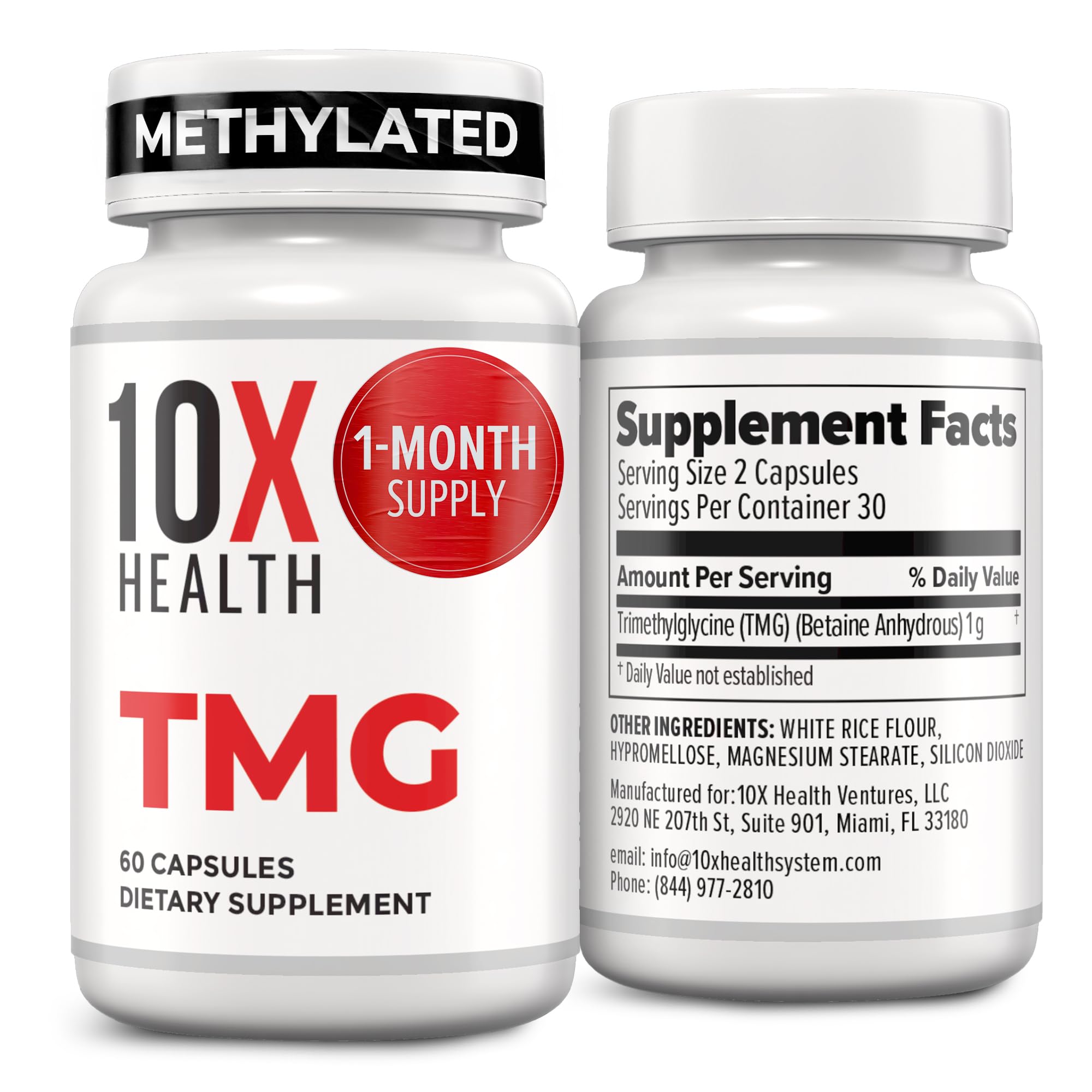 10X Health TMG Supplements - Trimethylglycine Supplement for Liver Support, Heart Wellness, Energy, Homocysteine Levels - TMG Capsules with Betaine Anhydrous