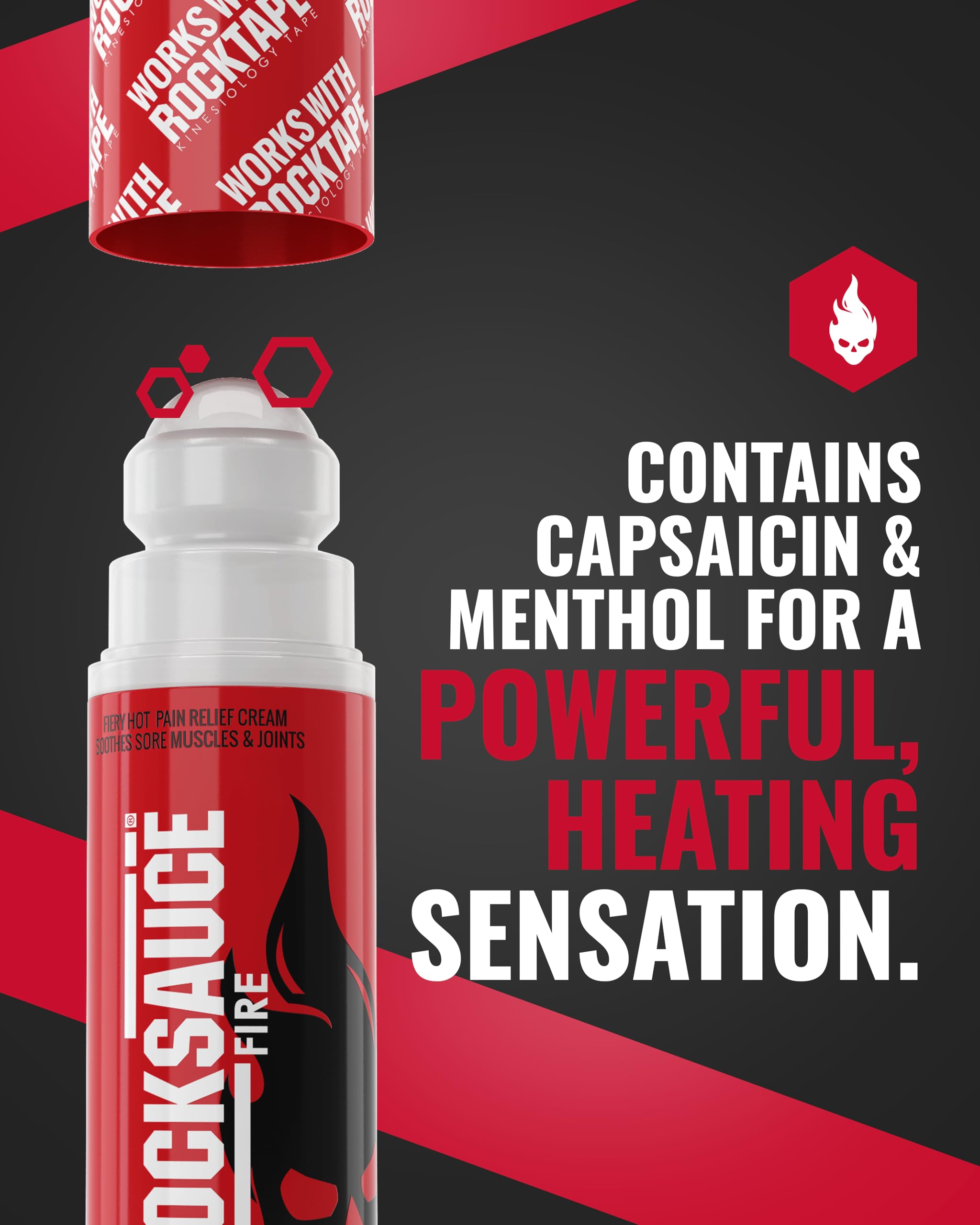 RockSauce Fire, 3 oz Roll-On - Easy to use Pain Relief Cream - Capsaicin & Menthol Formula Relieves Muscle & Joint Pain - Works w/ RockTape - No-Mess Applicator - Dye-Free, Won't Stain Clothes RockTape Au supplements
