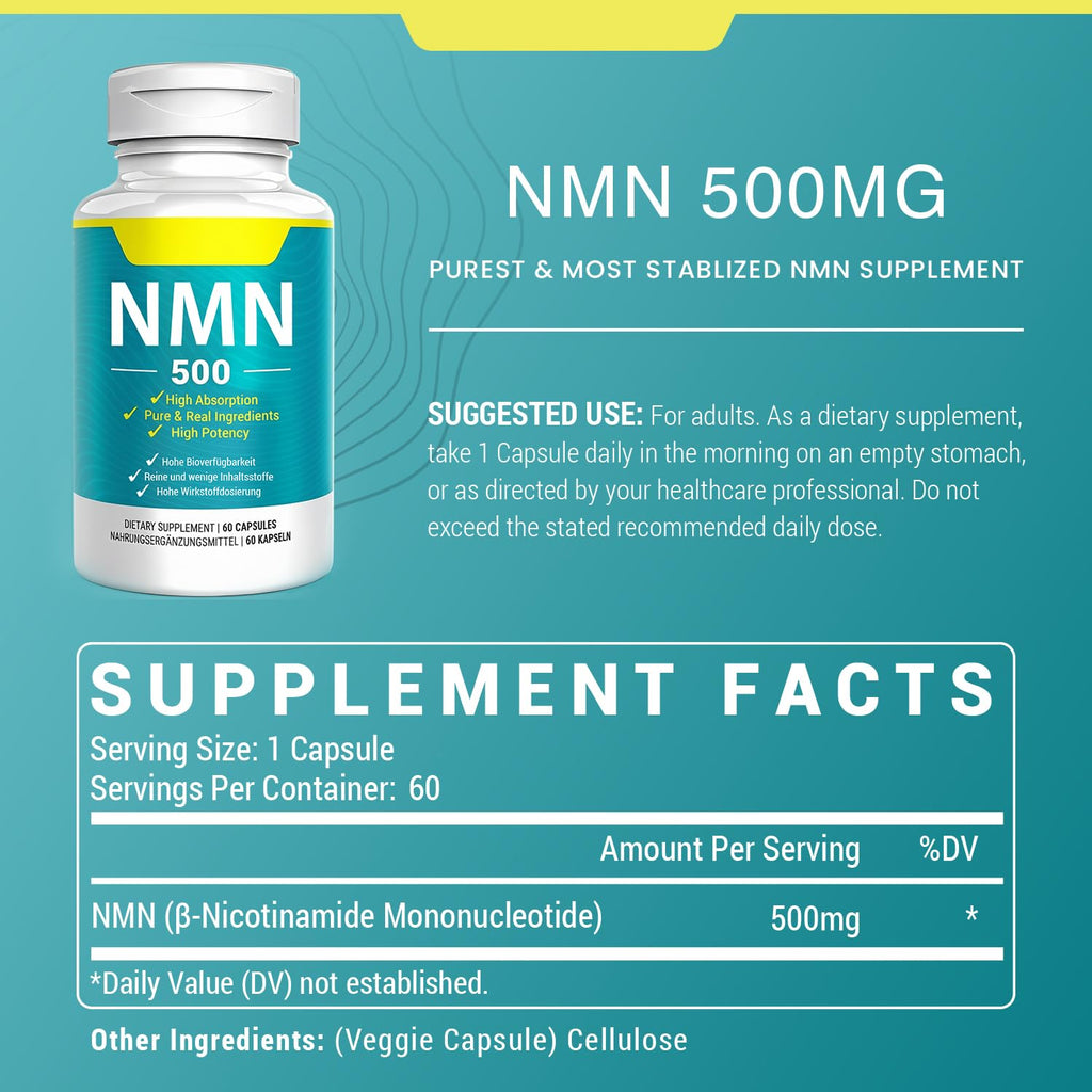 Vegan NMN Supplement 500mg, Higher Absorption - 99% Pure NMN (Nicotinamide Mononucleotide)for NAD+, Cellular Energy Immune Muscle, Anti-Aging & Longevity, Stabilized NMN - 60 Capsules (60 Days Supply) Nivantav Au supplements