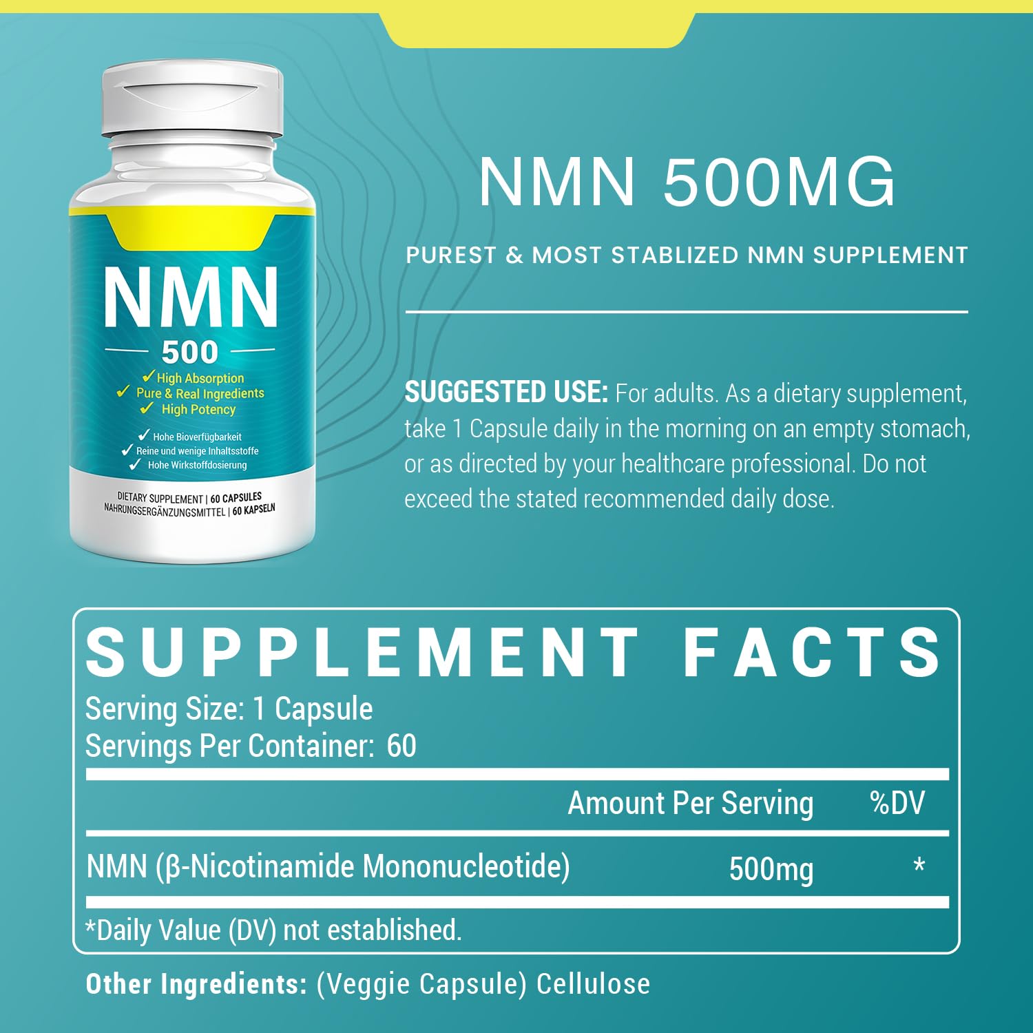 Vegan NMN Supplement 500mg, Higher Absorption - 99% Pure NMN (Nicotinamide Mononucleotide)for NAD+, Cellular Energy Immune Muscle, Anti-Aging & Longevity, Stabilized NMN - 60 Capsules (60 Days Supply) Nivantav Au supplements