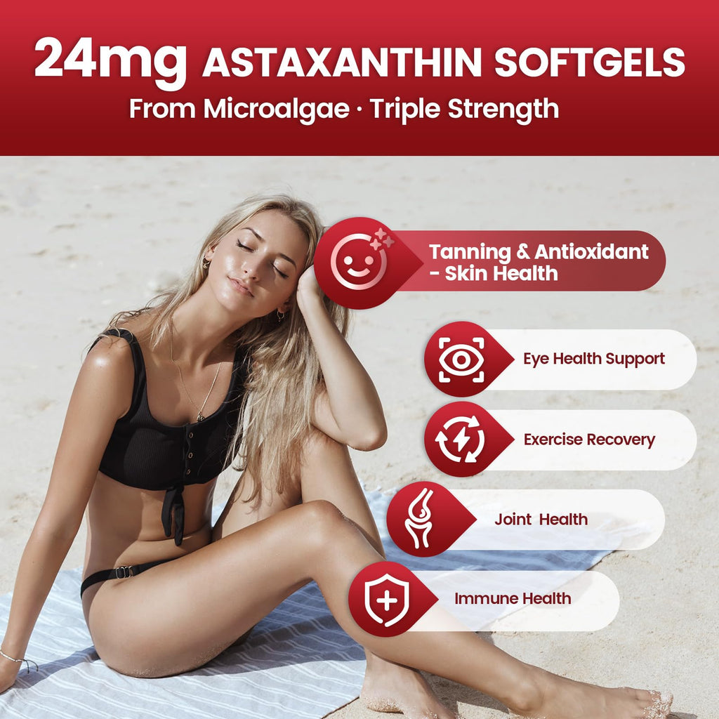 10 in 1 Astaxanthin Supplements 24mg, 4 Month Supply, Astaxantina Antioxidant from Fresh Haematococcus Pluvialis, Contains Lycopene, Grape Seed, Vitamin E