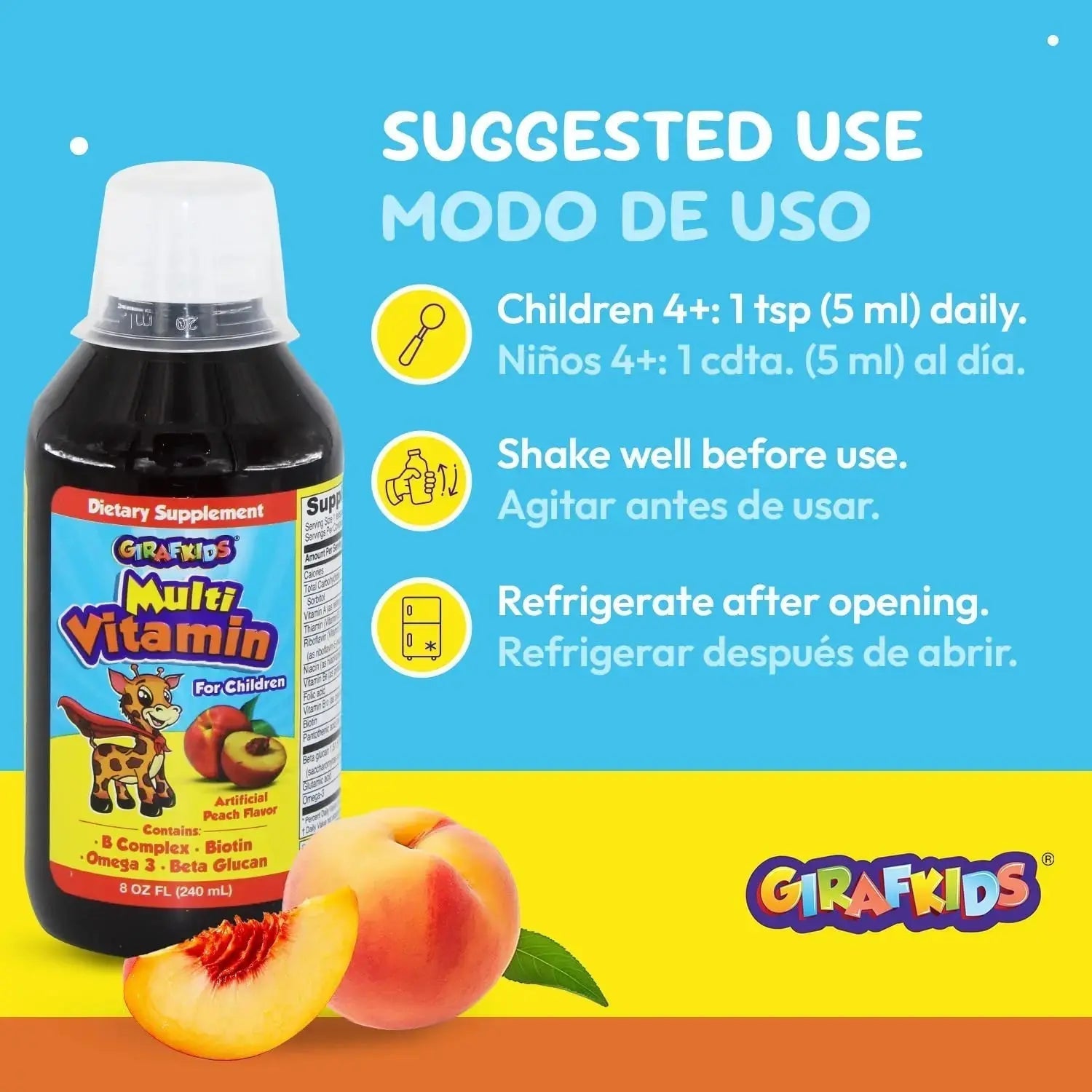 GirafKids Liquid Multivitamin for Kids Ages 4+, 8oz - Daily Child Vitamins with Biotin, Vitamin A, B Complex, Folic Acid, Omega-3 & Beta Glucan PHARMADEL Au supplements