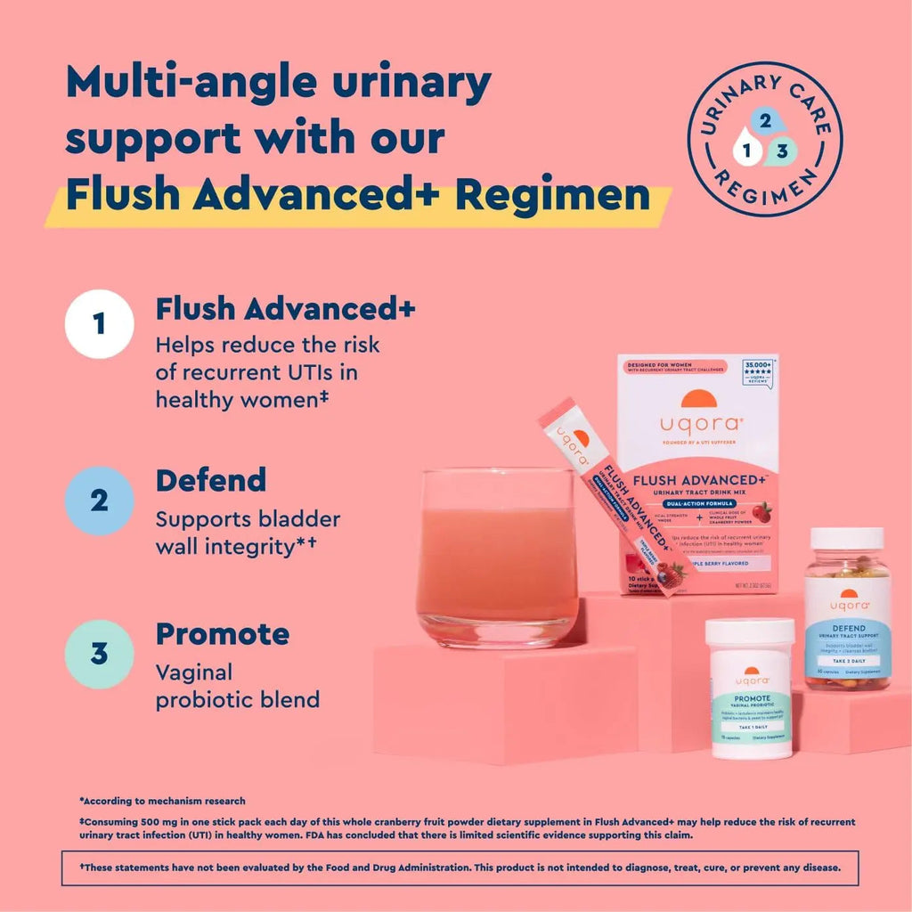 Uqora Flush Advanced+ Regimen with Flush Advanced+ - Cranberry to Reduce Risk of Recurrent UTI** - Defend & Promote - D-Mannose, Vitamin C, Green Tea Extract & Probiotics - 3-Part Bundle Uqora Au supplements