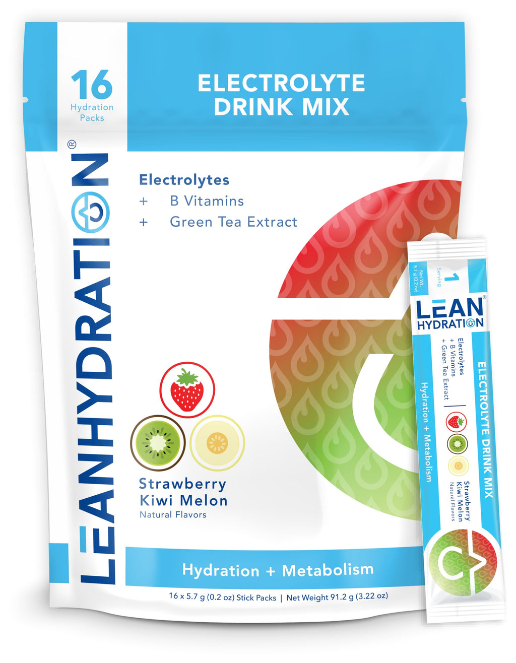 LEAN Hydration Daily Electrolyte Packets Drink Mix | Zero Calories, Zero Sugar Plus Vitamins, Minerals & More | 16 ct (Strawberry Kiwi Melon)