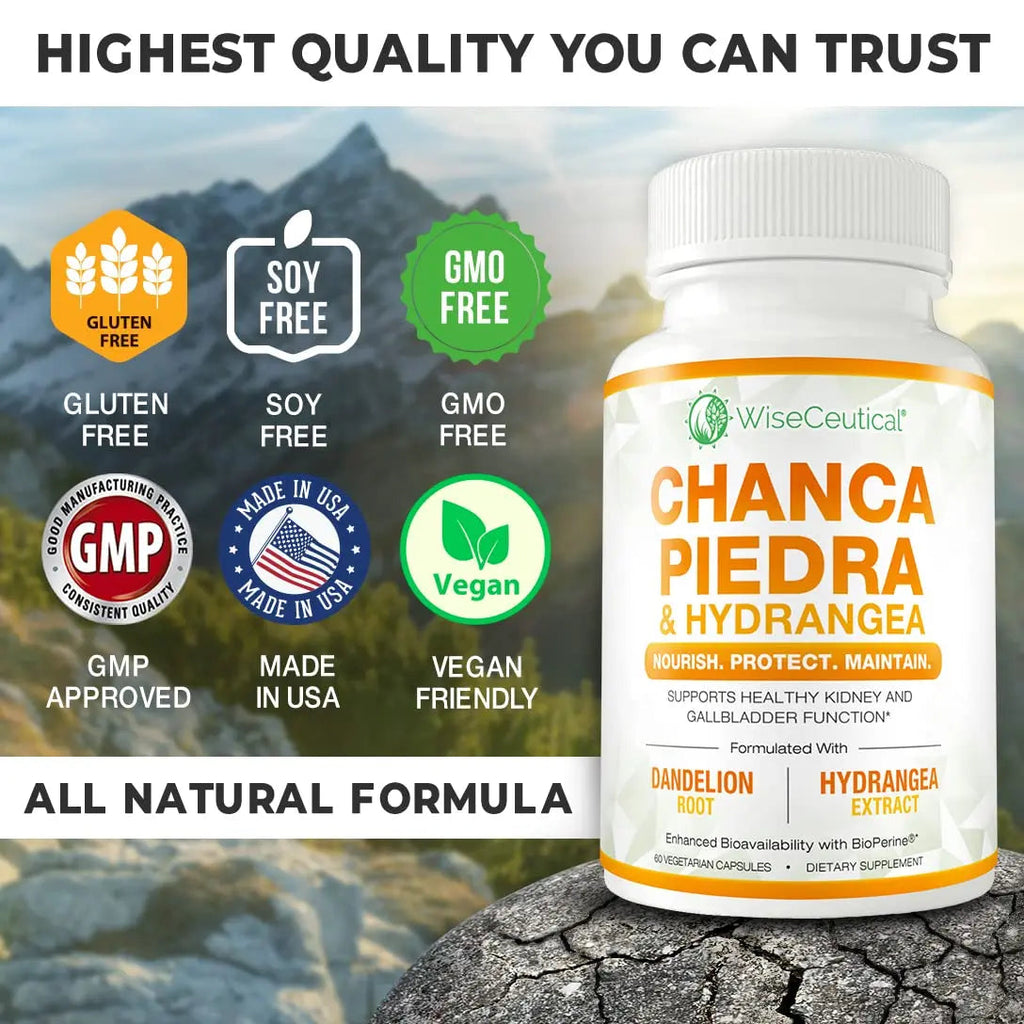 Max Strength Chanca Piedra, Hydrangea & Dandelion Root - Natural Kidney & Gallbladder Formula - Stone Breaker, Flush Impurities, Cleanse Urinary Tract - Enhanced with BioPerine. 60 Veggie Capsules. Wiseceutical Au supplements