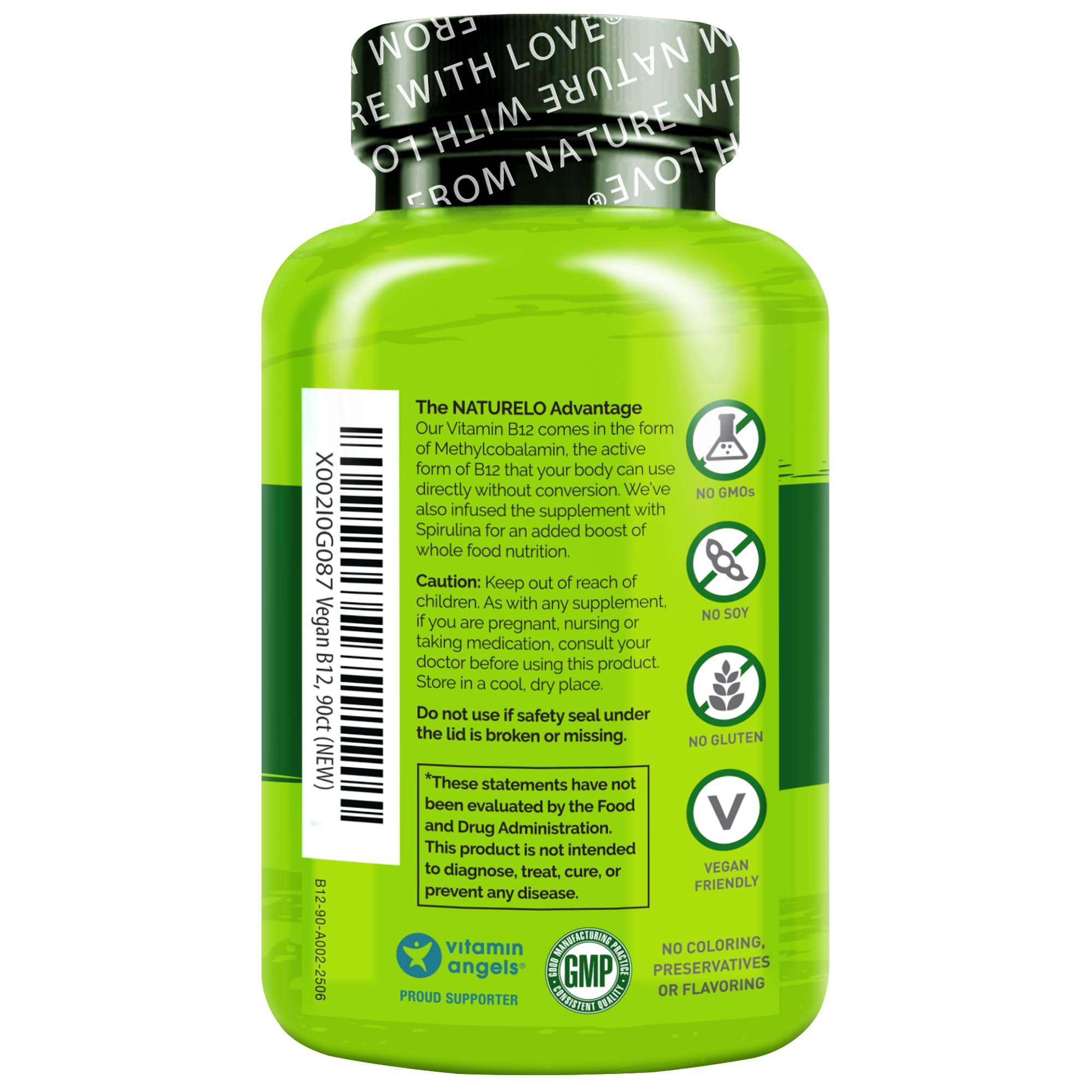 NATURELO Vegan B12 - Methyl B12 with Organic Spirulina - High Potency Vitamin B12 1000 mcg Methylcobalamin - Supports Healthy Mood