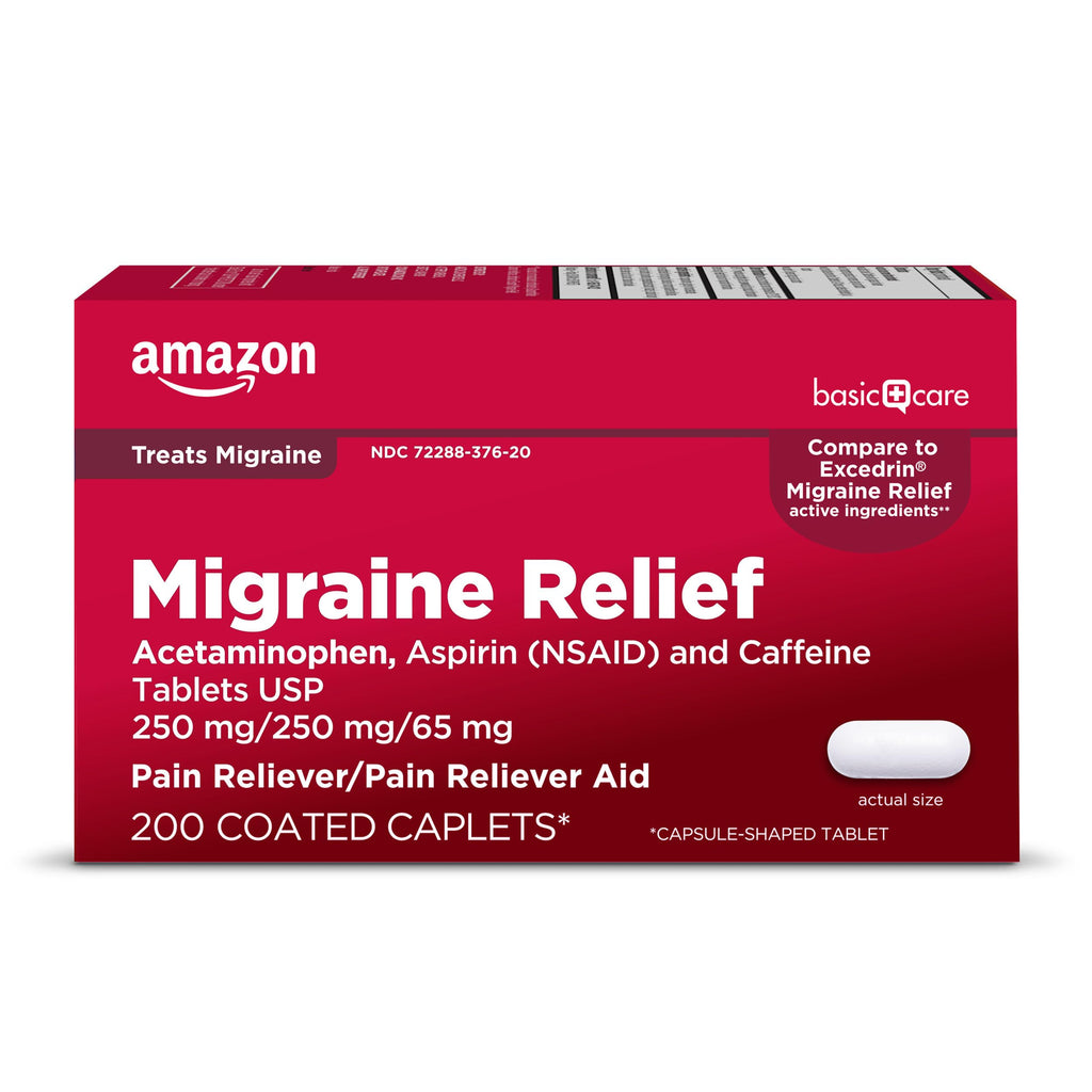 Amazon Basic Care Migraine Relief Acetaminophen, Aspirin (NSAID) and Caffeine Tablets, Pain Reliever/Pain Reliever Aid, 200 Count Amazon Basic Care Au supplements