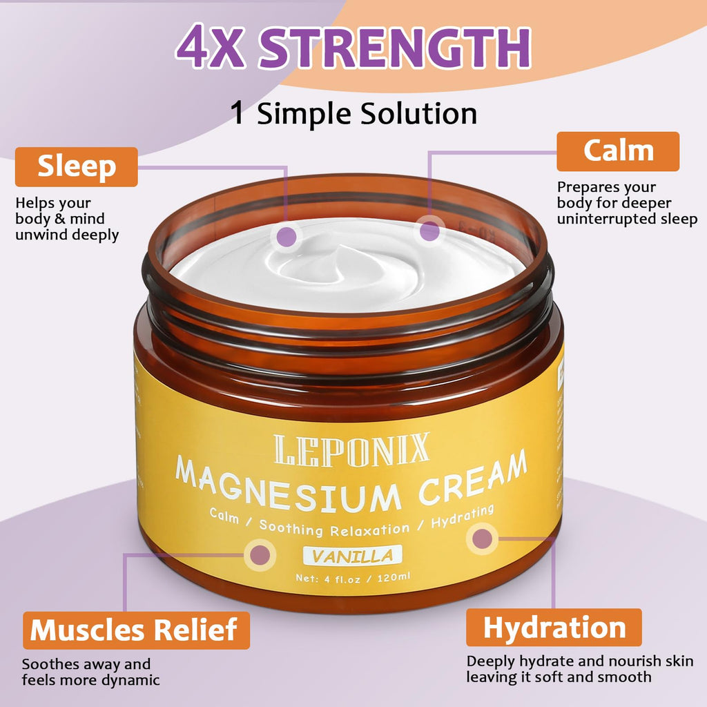 Magnesium Cream for Sleep & Muscle Recovery - Soothing Topical Magnesium Lotion for Leg Cramps, Joint Comfort, Pain Relief - Relaxing Magnesium Body Butter for Men Women Kids (120ml, Vanilla) LEPONIX Au supplements