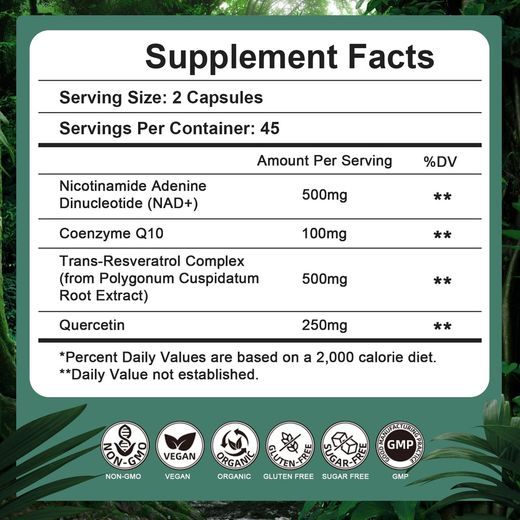 NAD Supplement 500mg, Pure Organic NAD+ Supplement for Women & Men, NAD+ with Trans-Resveratrol & CoQ10 & Quercetin for Cellular Energy & Healthy Aging, NMN Alternative (90 Vegan Caps) VitaHarbor Au supplements