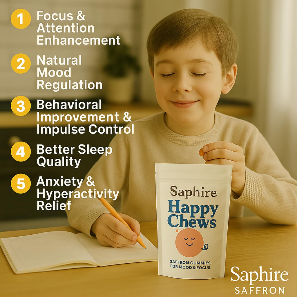 SAPHIRE HAPPY CHEWS Saffron Gummies for Kids | Supports Mood, Calm & Focus | Saffron Extract, Passionflower, St. John’s Wort & GABA