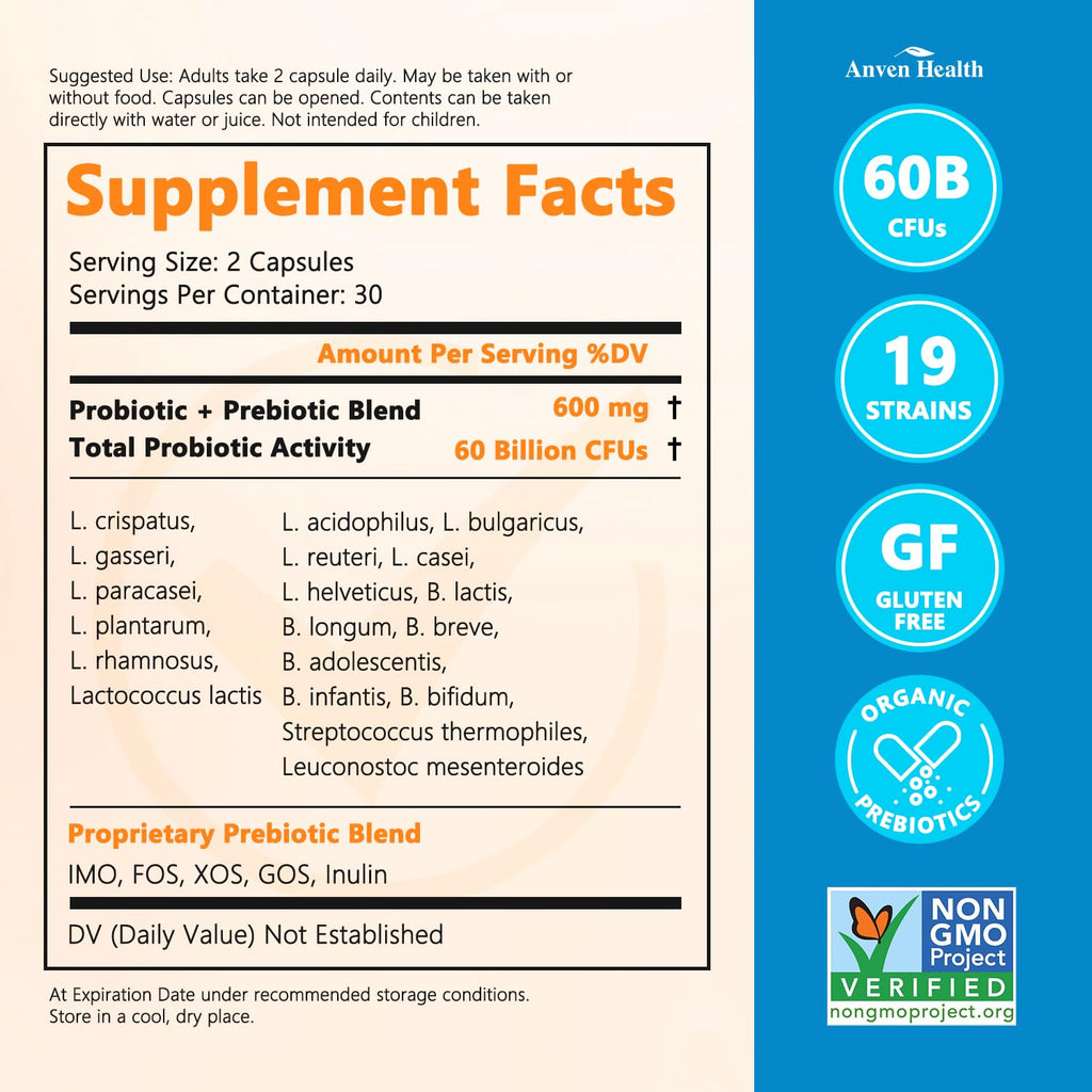 Anven Health 60 Billion Probiotics for Women and Men 19 Strains 5 Organic Prebiotics for Gut Digestive & Immune Health, Supports Diarrhea Gas Bloating, Vegan Probiotic Supplement Formula丨120 Caps Anven Health Au supplements