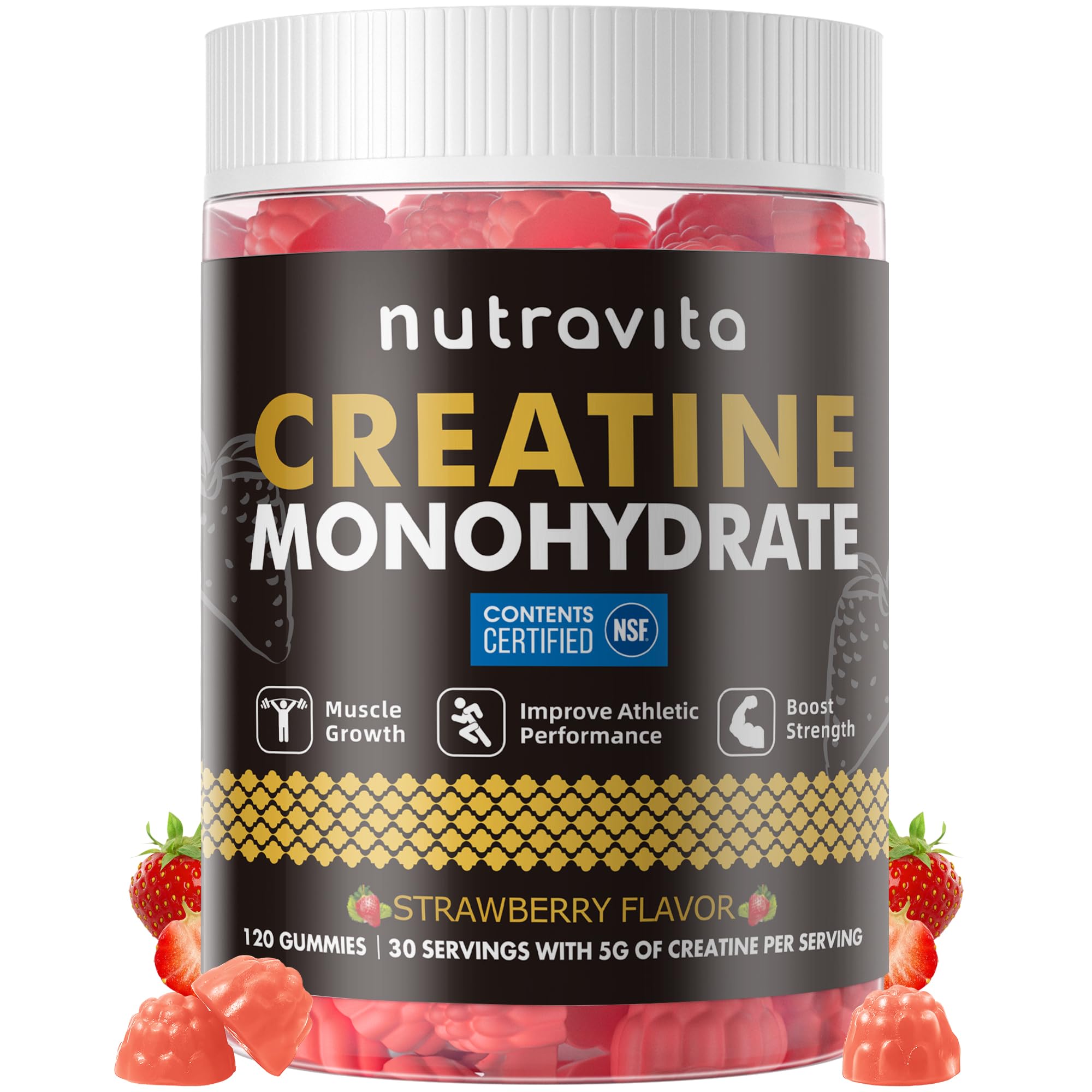 Nutravita NSF Certified Creatine Gummy - Creatine Monohydrate Gummies for Men & Women-5g of Creatine Monohydrate per Serving - Sugar Free,