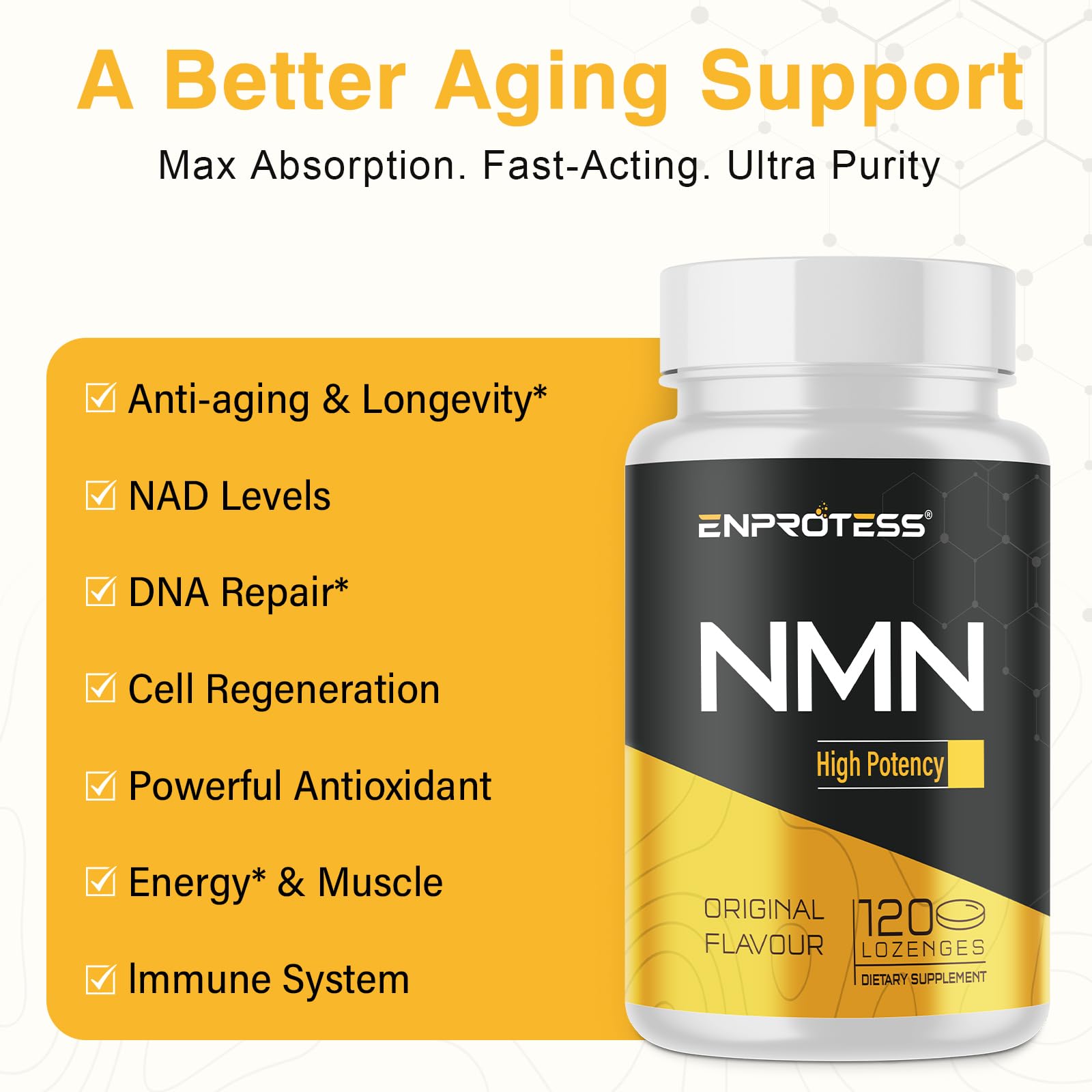Sublingual NMN 500mg, Max Absorbency & Fast-Acting NMN Supplement（120-Day Supply）, 99% Pure NMN (Nicotinamide Mononucleotide) for NAD, Cell, Immune, Energy, Muscle, Anti-Aging, Longevity, 120 Lozenges Enprotess Au supplements