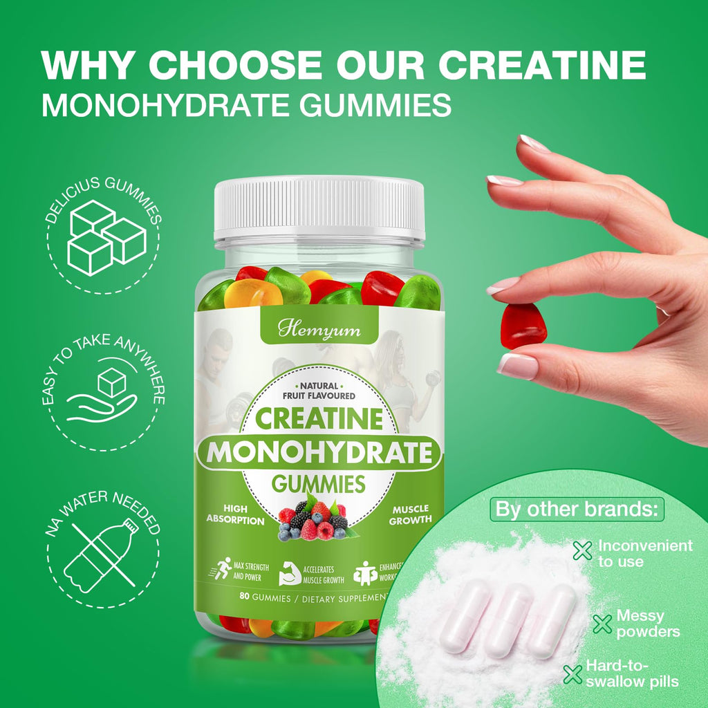 Creatine Monohydrate Gummies - Pre-Workout Creatine for Women Men, Enhanced Muscle Strength, Boost Focus and Endurance, Muscle Builder,Complex L-Taurine + Vitamin B12,Vegan, Gluten-Free 160 Count Hemyum Au supplements