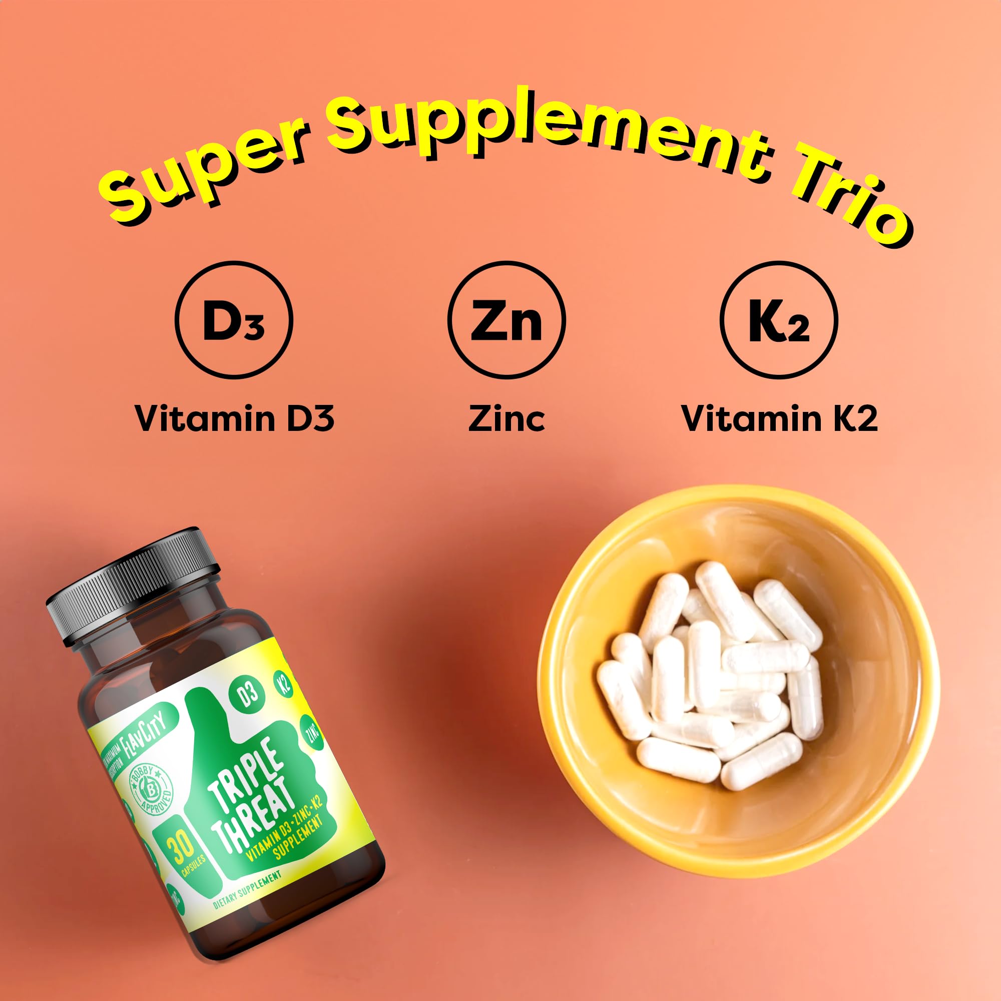 FlavCity Vitamin D3, K2 & Zinc - Triple Threat Supplement - Daily or Seasonal Immune Support - Vitamin D with K2 for Enhanced Absorption -