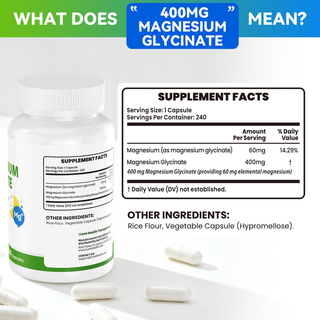 Magnesium Glycinate 400mg per Capsule – 240 Capsules – High Absorption Magnesium Supplement for Relaxation, Calmness & Muscle Support – Gentle on Stomach