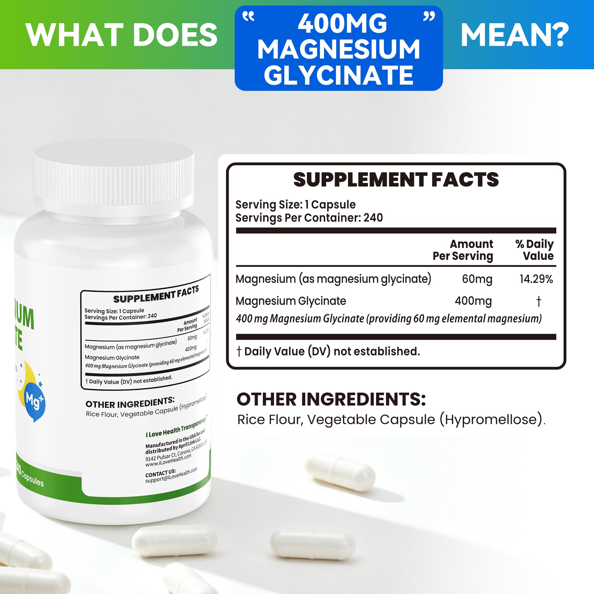 Magnesium Glycinate 400mg per Capsule – 240 Capsules – High Absorption Magnesium Supplement for Relaxation, Calmness & Muscle Support – Gentle on Stomach