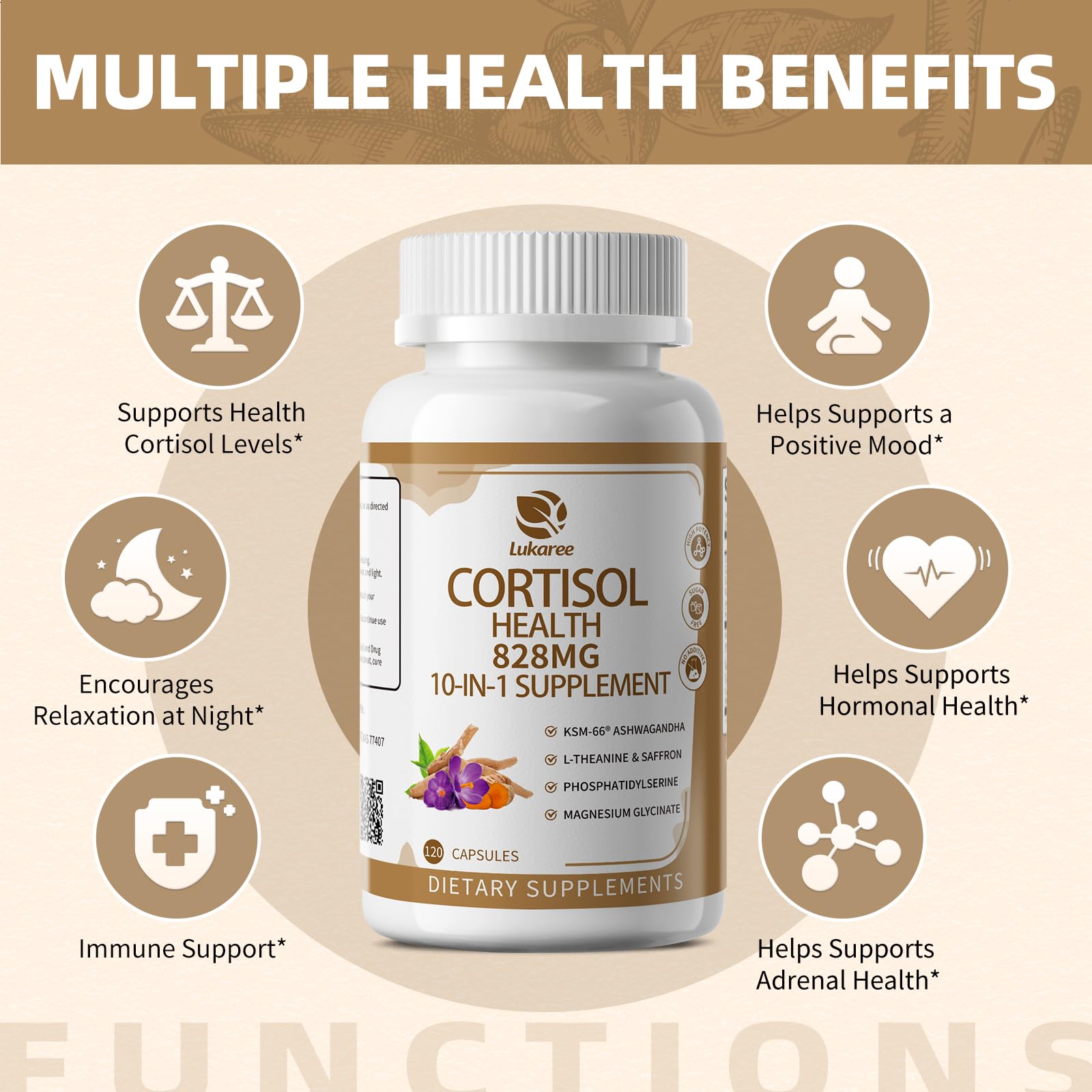 10-IN-1 Cortisol Supplements w/ KSM-66® Ashwagandha 300mg + L-Theanine 250mg, Magnesium Glycinate, Saffron, Phosphatidylserine, Turmeric & Vitamin C D3 B6 B5, For Women Men, 120 Capsules 60-Day Supply Lukaree Au supplements
