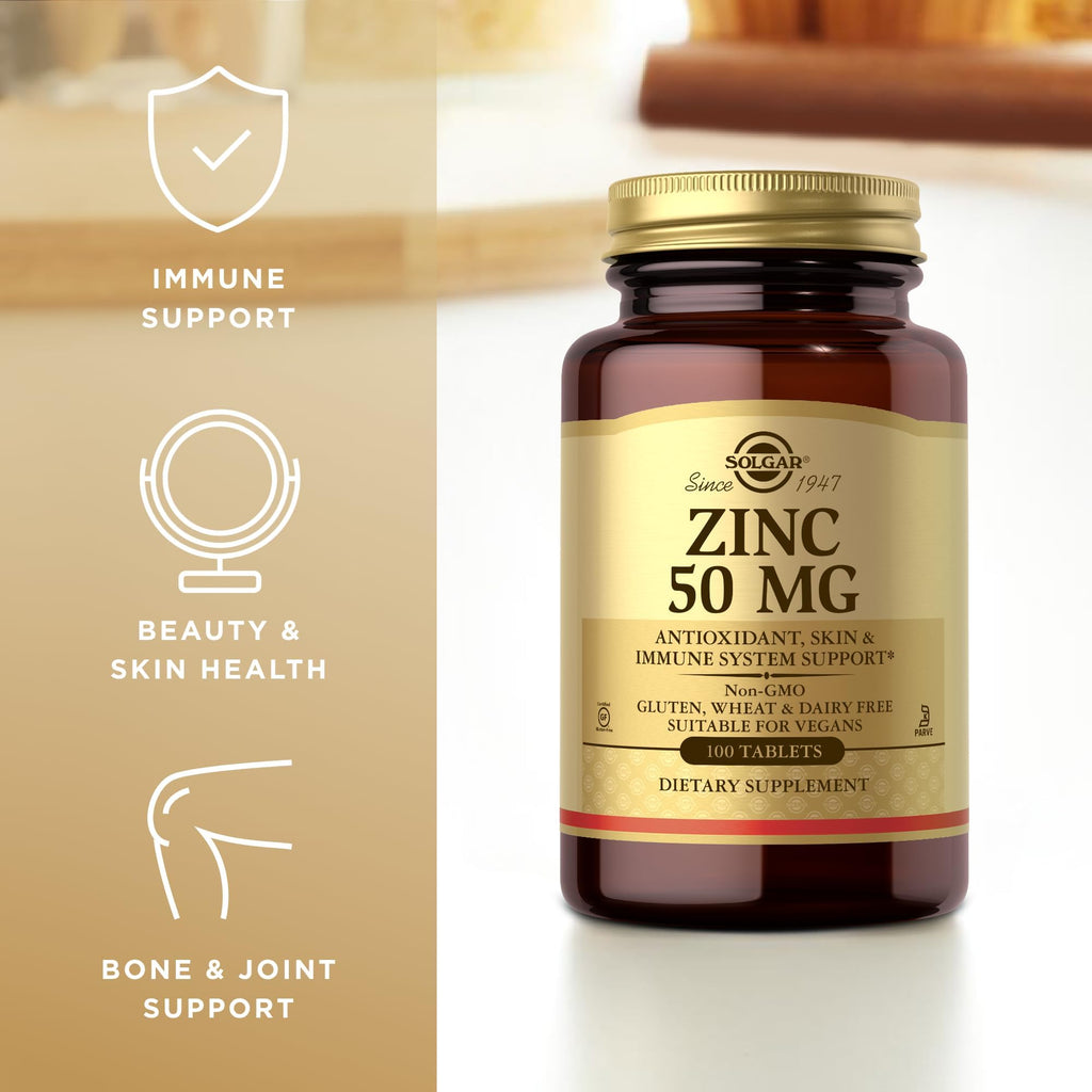 Solgar Zinc 50 mg, 100 Tablets - Zinc for Healthy Skin, Taste & Vision - Immune System & Antioxidant Support - Supports Cell Growth & DNA Formation