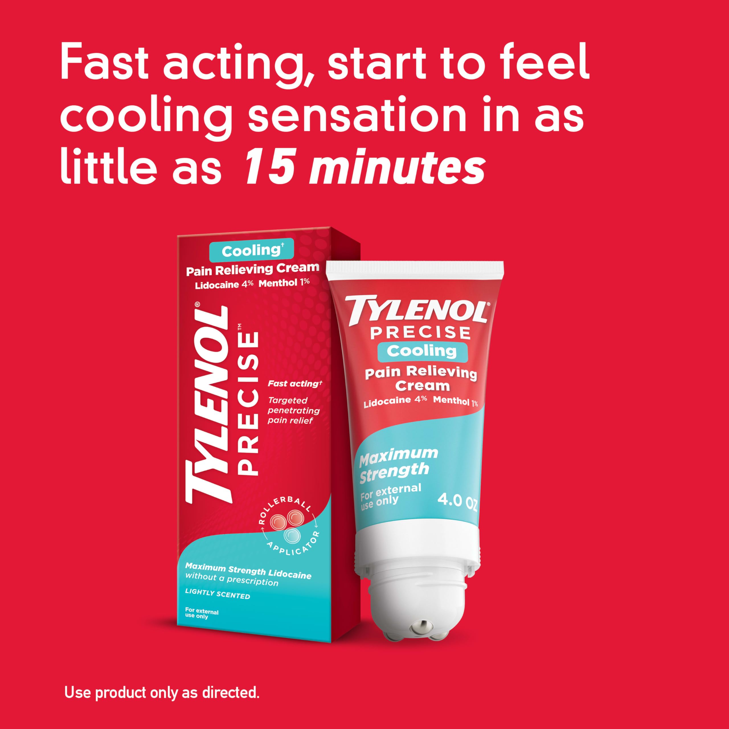 Tylenol Precise Cooling Cream, Strong Pain Relief with Fast-Acting Sensation, 4% Lidocaine, 1% Menthol, Maximum OTC Strength Relief for Back, Muscle & Joint, Numbing Cream Rollerball Applicator, 4 oz Tylenol Au supplements