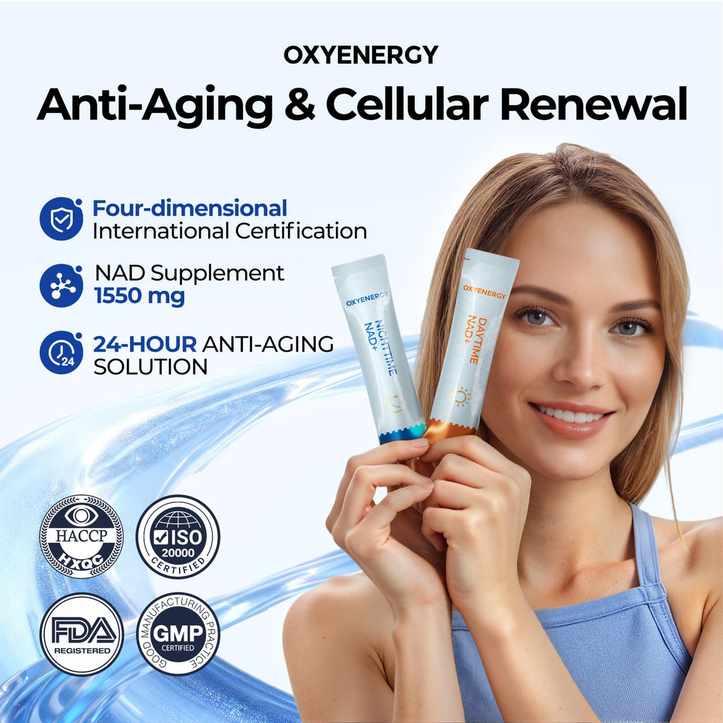 OxyEnergy NAD Supplement 1550 mg-Daytime Nicotinamide Riboside + Nighttime L-Tryptophan with Resveratrol, Glutathione, PQQ, 24-Hour Nonstop Energy, Anti-Aging & Cellular Renewal, 28 Packets OxyEnergy Au supplements