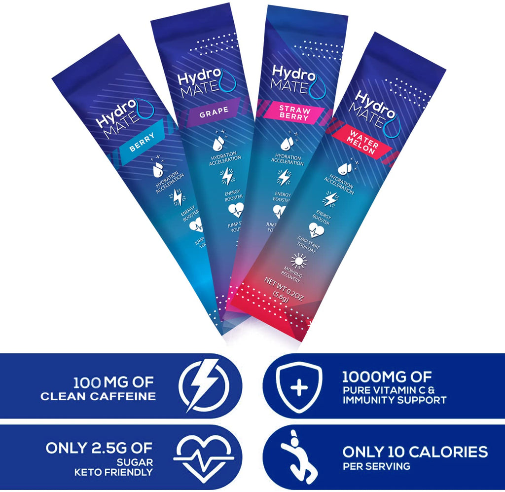 HydroMATE Electrolytes Powder Drink Mix Packets Hydration Accelerator Low Sugar Party Favors for Rapid Recovery Vitamin C Plu