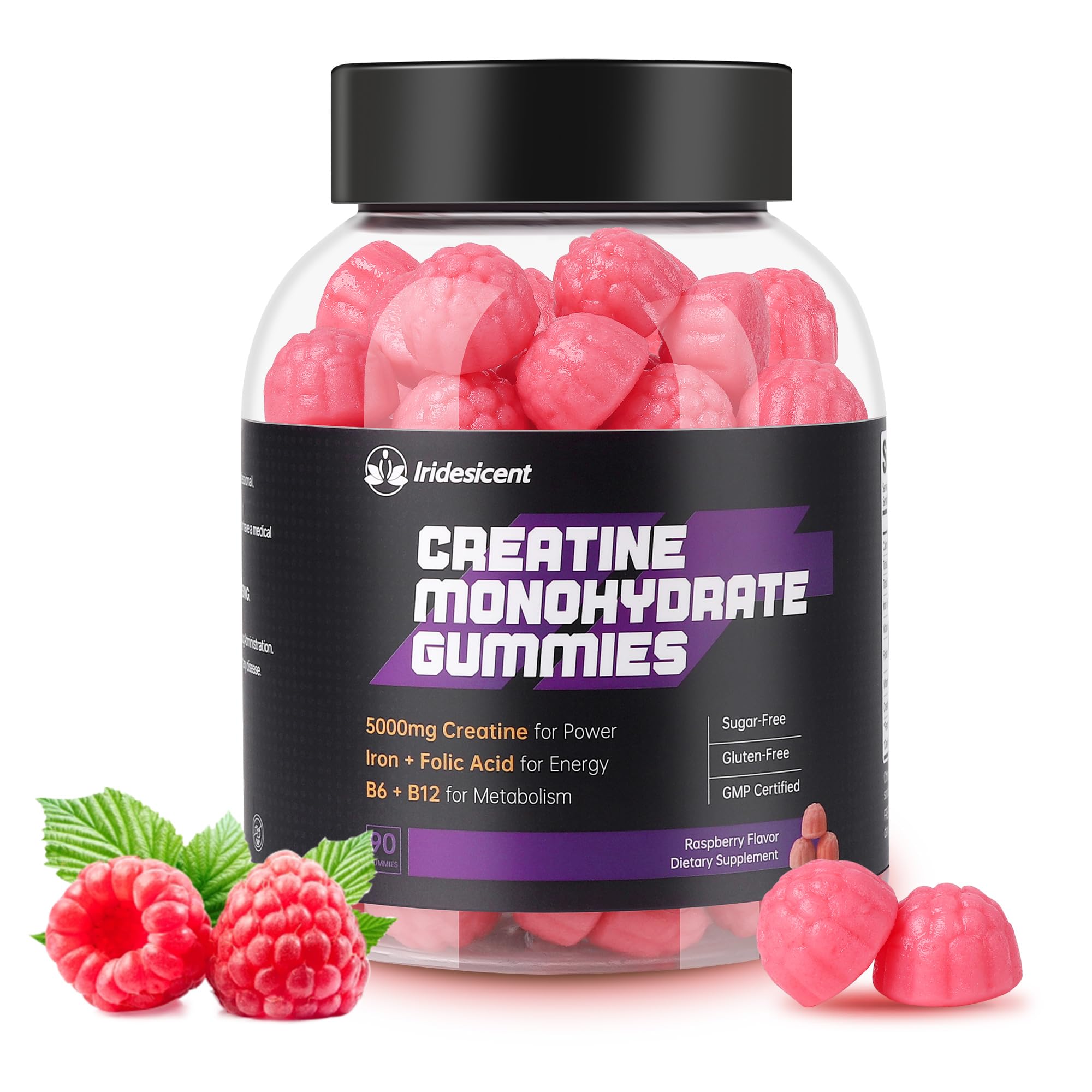 IRIDESICENT Creatine Monohydrate Gummies 5000mg w/Iron, Vitamin B6 & B12, Sugar Free 5g Creatine Supplements for Women and Men Boost Energy & Muscle Recovery - 90 Raspberry Gummies IRIDESICENT Au supplements