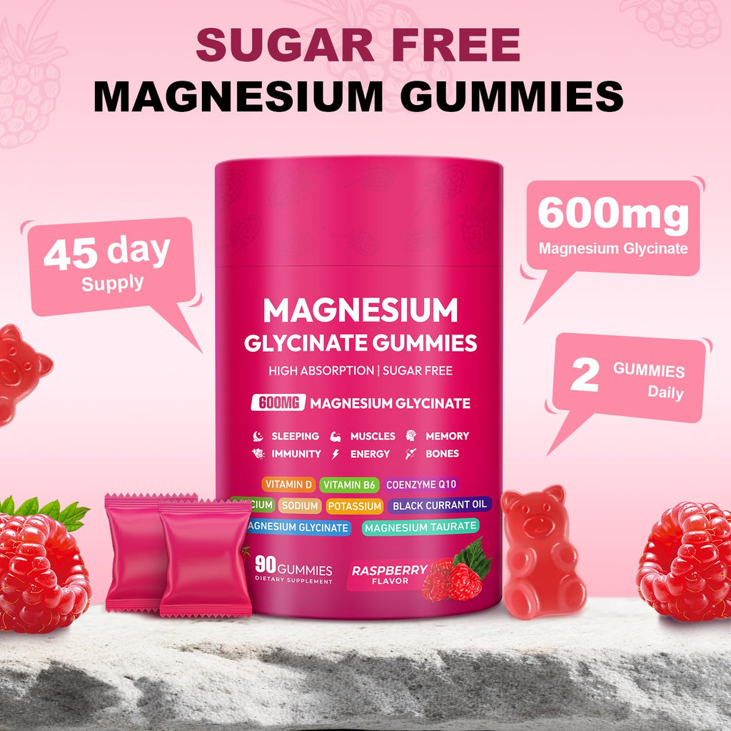 Magnesium Glycinate Gummies 600mg, High Absorption Magnesium Complex, Sugar Free Chewables Gummies with VitaminD & B6