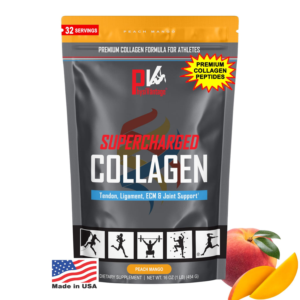 PhysiVantage Supercharged Collagen Peptides Powder - Hydrolyzed Collagen for Joint, Tendon, Ligament, & Skin Health Support - Peach Mango, Keto, Paleo, 16oz | Enhanced with Vitamin C, BCAAs, Grass-Fed PhysiVantage Au supplements