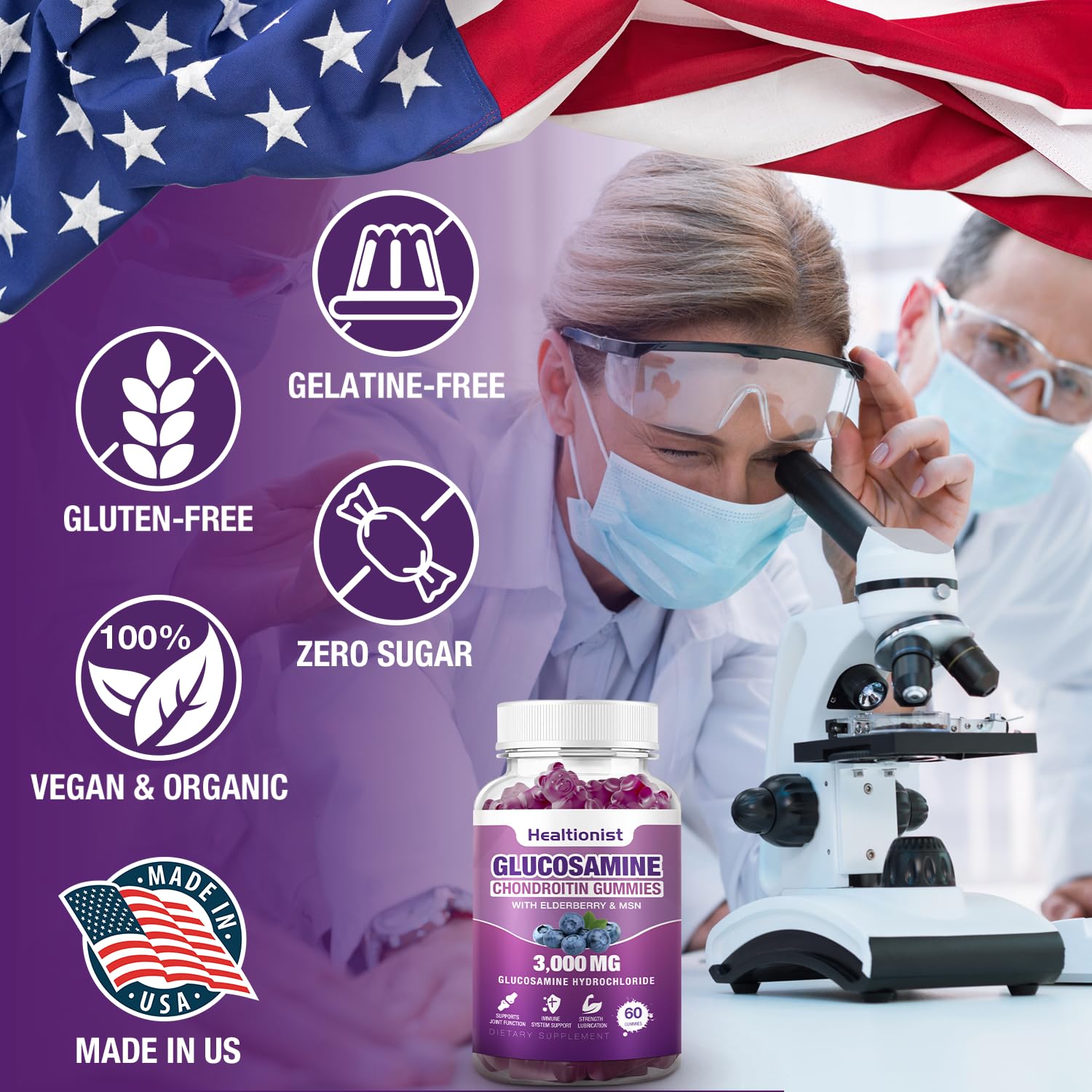 Healtionist 2 Packs 3000mg Glucosamine Chondroitin Gummies with MSM & Elderberry