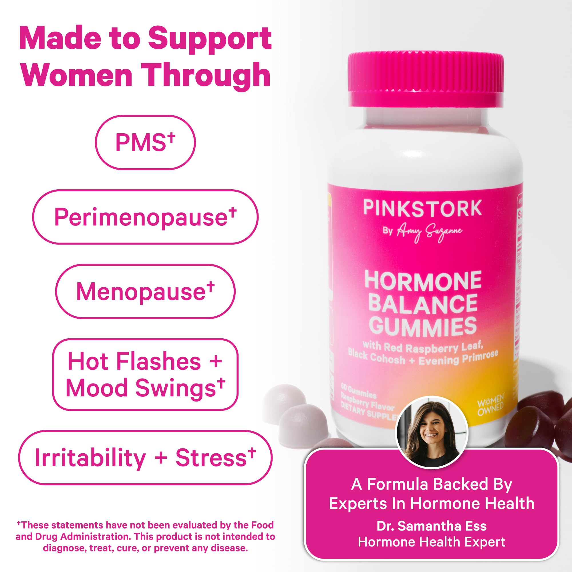 Pink Stork Hormone Balance Gummies for Women – PMS, Menopause & Estrogen Support – Mood, Bloating, Hot Flashes & Energy – Red Raspberry Leaf, Black Cohosh, Primrose – 60 Vegan Gummies Pink Stork Au supplements