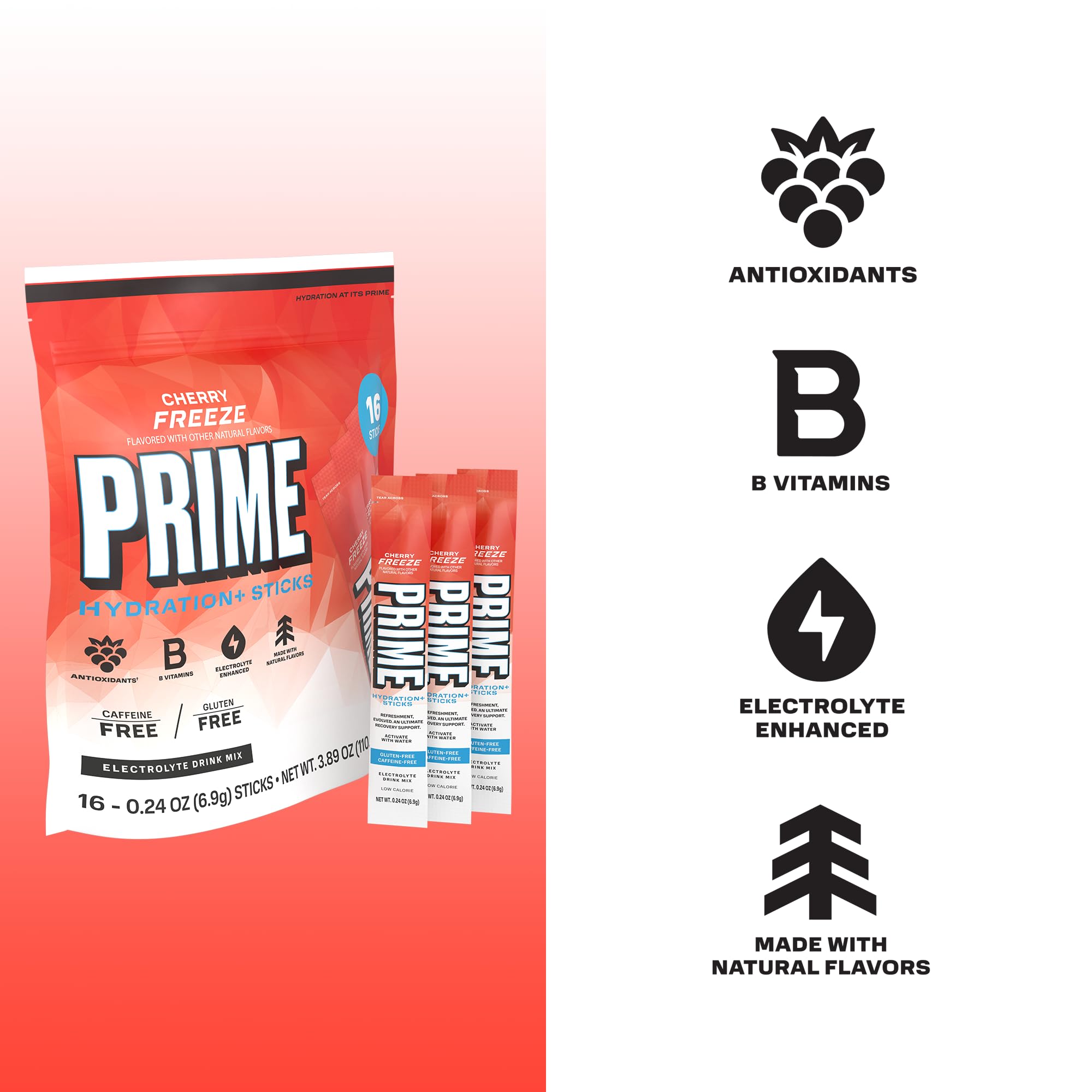 PRIME HYDRATION+ Electrolyte Powder Sticks, Cherry Freeze, Sugar Free Hydration Drink Mix with Potassium, Magnesium & B Vitamins