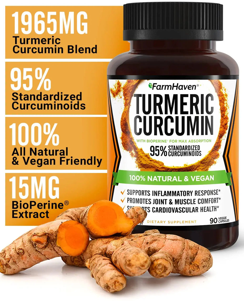 Turmeric Curcumin with BioPerine Black Pepper & 95% Curcuminoids, 1965mg, Maximum Absorption for Joint Support, Non-GMO Turmeric Capsules, FarmHaven Au supplements