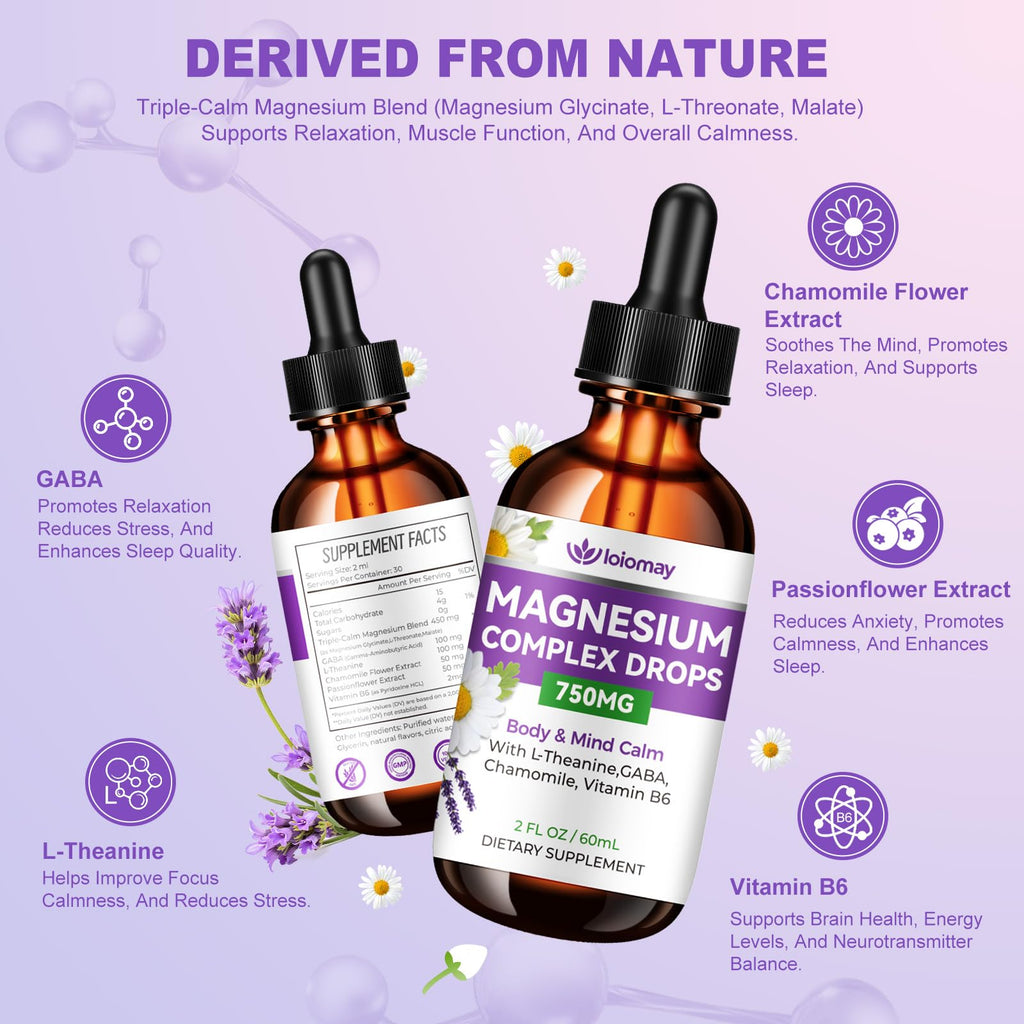 Magnesium Glycinate Liquid Drops for Women & Men, Triple Calm Magnesium Complex Supplement with L-Threonate, Malate, L-Theanine for Kids Adults Calm, Sleep & Mood, Sugar-Free, Natural Flavor, 2 fl oz loiomay Au supplements