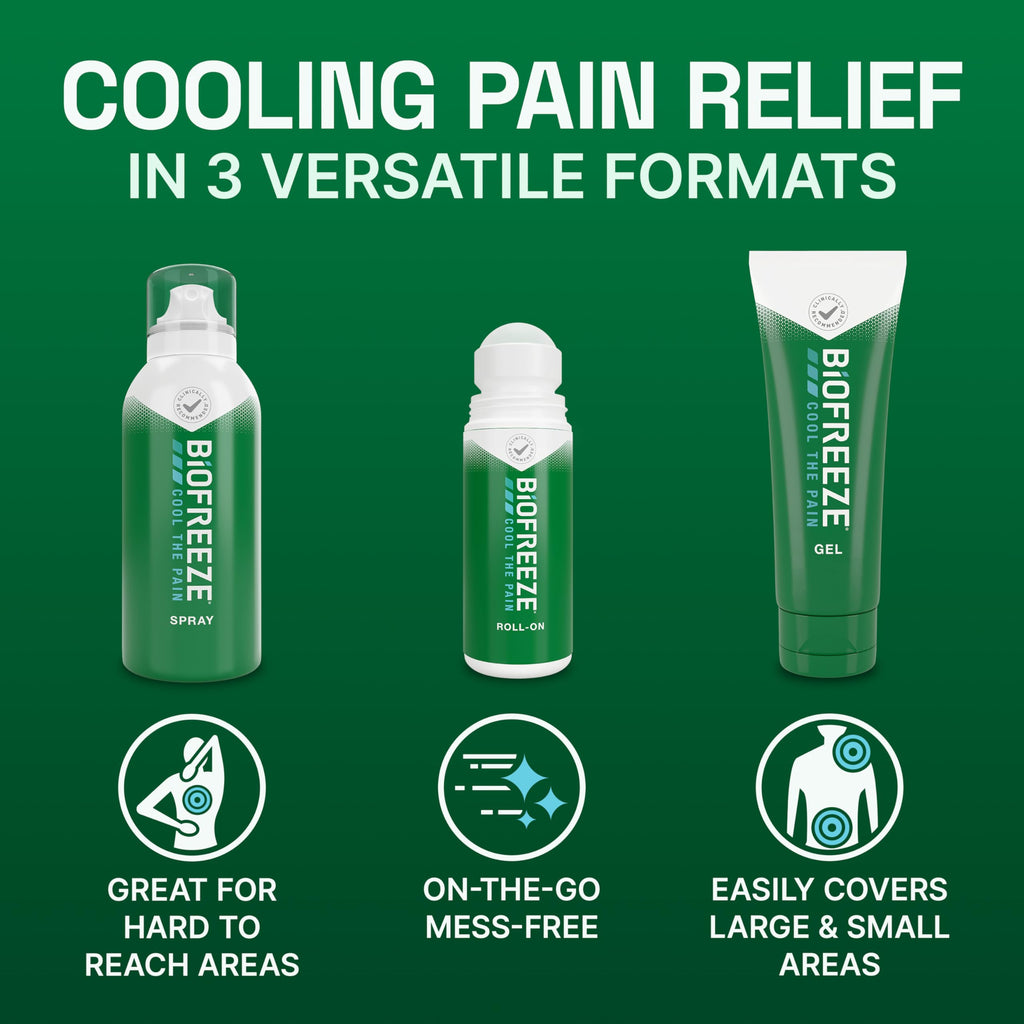 Biofreeze Spray, Gel, & Roll-On Pain Relief Variety Pack, Muscle Pain Relief, Arthritis Pain Reliver, Neck Pain Relief, Cooling Menthol Joint Pain Relief, 3 Fl Oz Spray, 3 Fl Oz Gel, 2.5 Fl Oz Roll On Biofreeze Au supplements