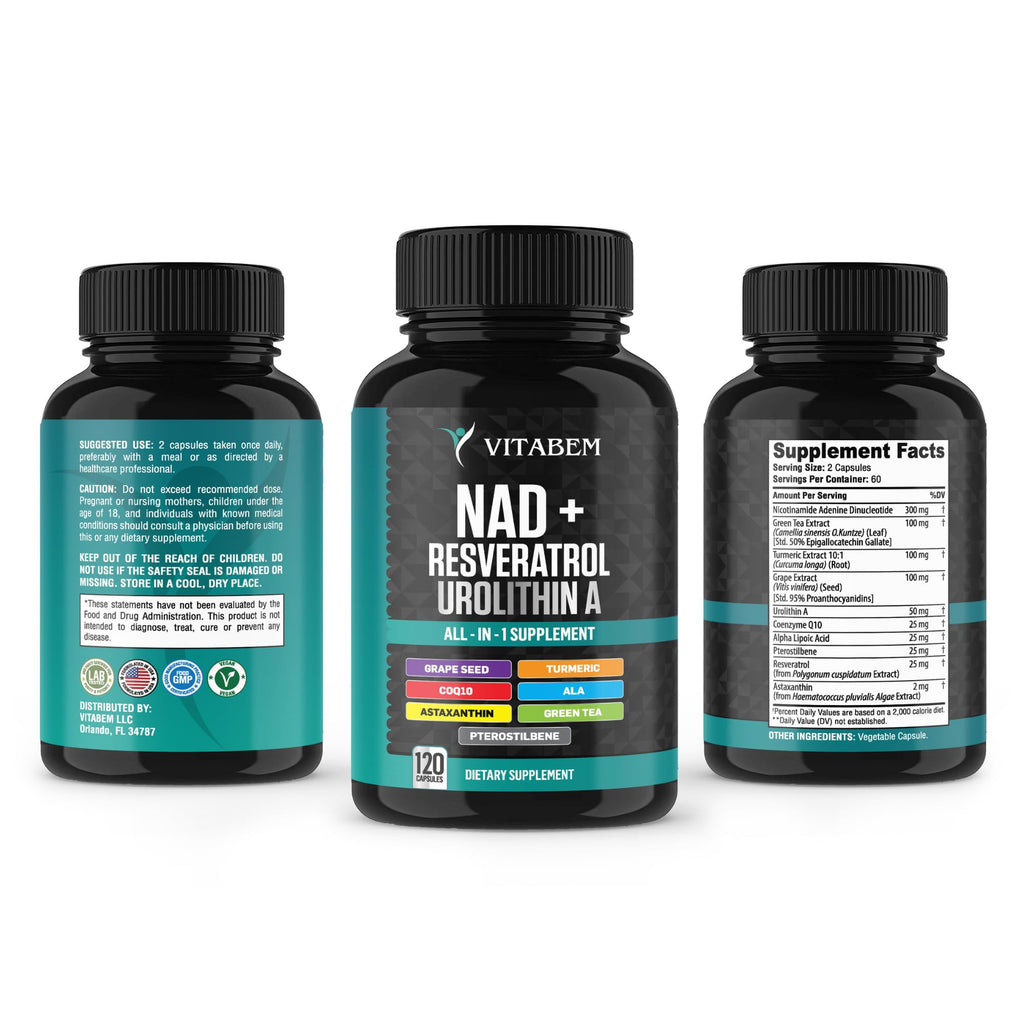 NAD+ Supplement Complex – NAD Supplement+ 300 mg with Astaxanthin, Urolithin A, Resveratrol, CoQ10 & Antioxidant Blend – Cellular Energy, Mitochondrial Support – 120 Count (Pack of 1) Vitabem Au supplements