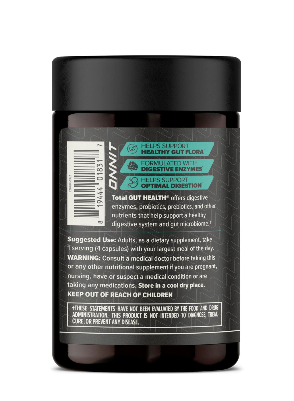 ONNIT Total Gut Health Daily Digestive Support, IGEN Non-GMO Tested Digestion Supplement for Women and Men with 7 Strains of Probiotics, Prebiotics,