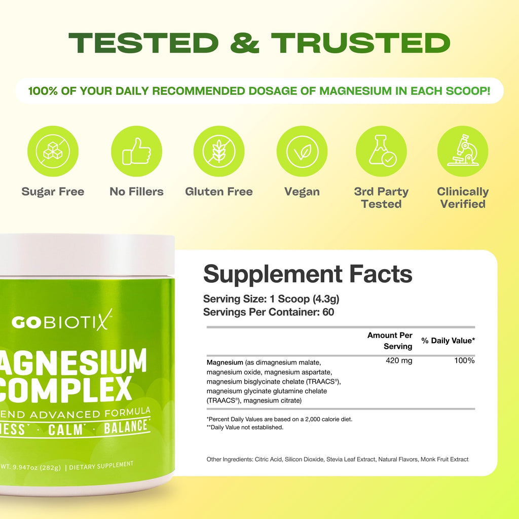 GoBiotix Magnesium Glycinate Powder – Cortisol Supplements for Women and Men – High Absorption Magnesium Complex Calm Supplement with Citrate, Malate – Sugar Free – 420 mg, 60 Servings - Lemon Lime GOBIOTIX Au supplements