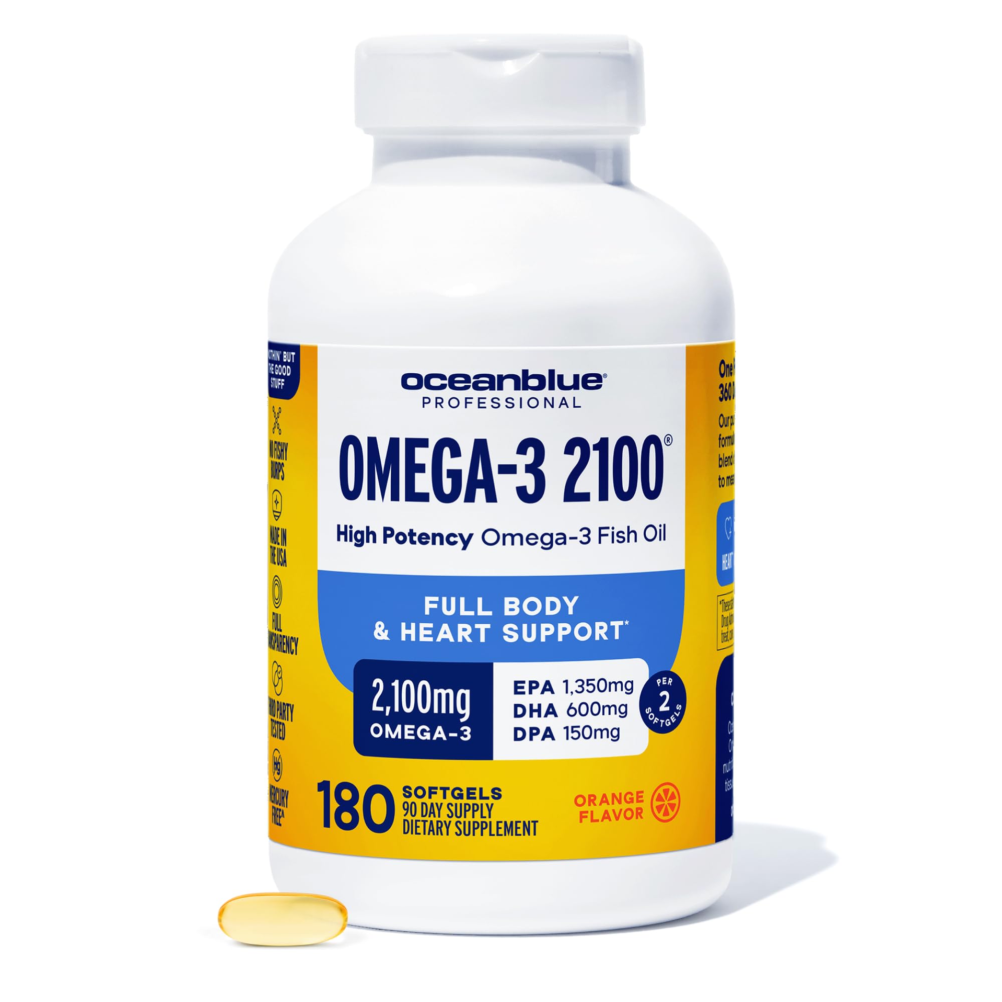 Oceanblue Professional Omega-3 2100 – 180 ct – Triple Strength Burpless Fish Oil Supplement with High-Potency EPA, DHA, DPA
