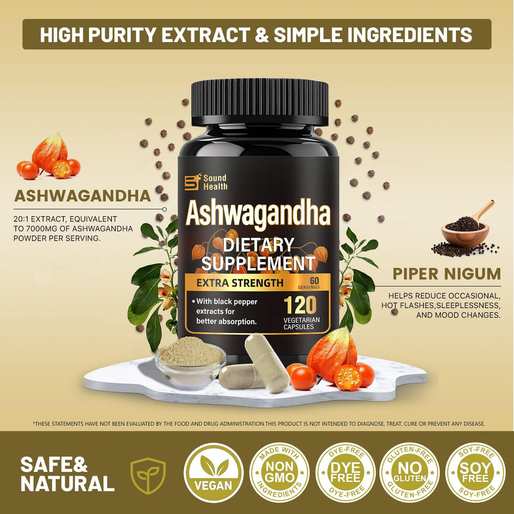 7000mg Ashwagandha Supplements Powder (20:1 Root Extract), 120 Organic Ashwagandha Capsules for Women & Men, Black Pepper & BioPerine for Absorption, Non GMO, Third-Party Tested, Gluten Free SoundHealth Au supplements