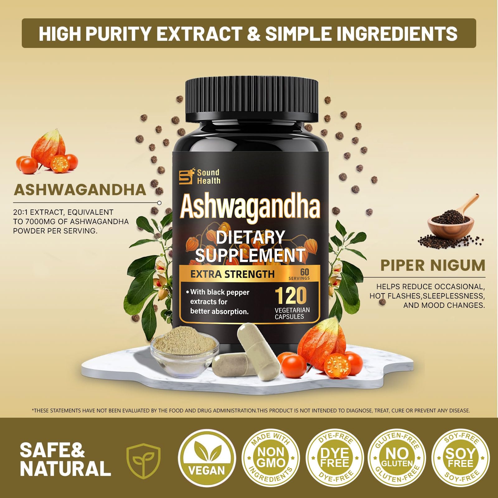 7000mg Ashwagandha Supplements Powder (20:1 Root Extract), 120 Organic Ashwagandha Capsules for Women & Men, Black Pepper & BioPerine for Absorption, Non GMO, Third-Party Tested, Gluten Free SoundHealth Au supplements