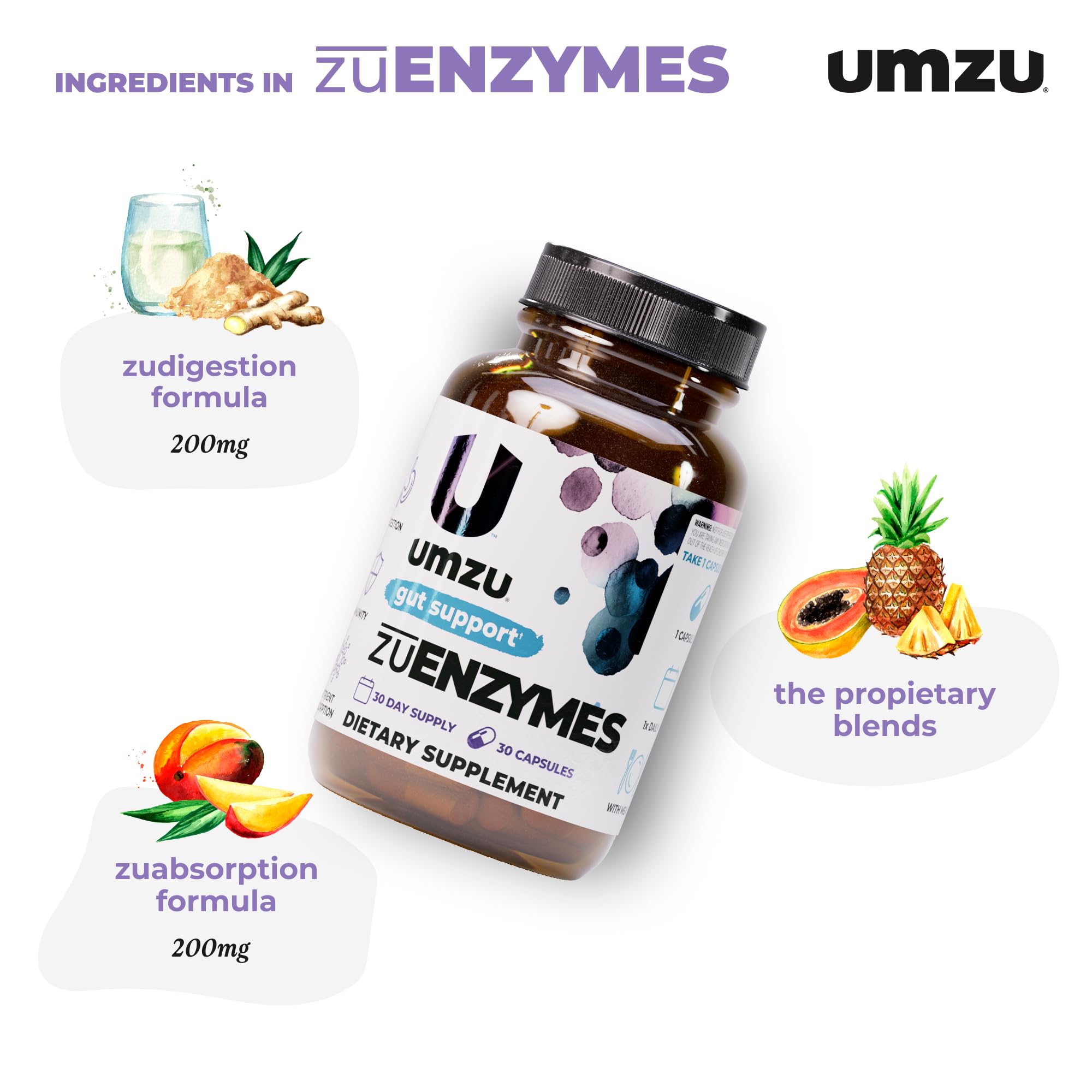 UMZU zuEnzymes Digestive Support Supplement, (30 Day Supply) – 21 Enzyme Blend with Lipase Protease & Amylase – Digestive Enzymes for Gut Health & Probiotic Daily