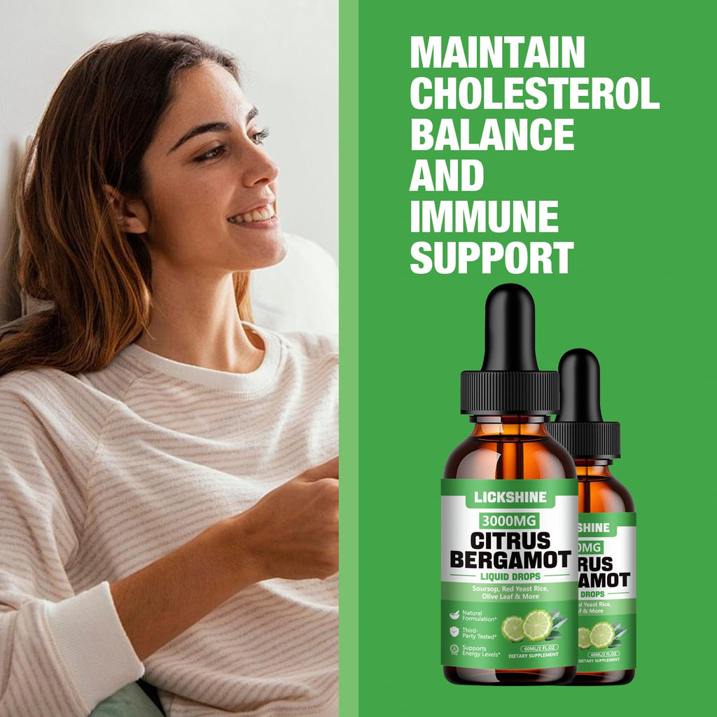 lickshine 2 Pack 3000mg Citrus Bergamot Liquid Drops - High Absorption - Cholesterol Lowering Supplement for Immune Support Anti-Aging,