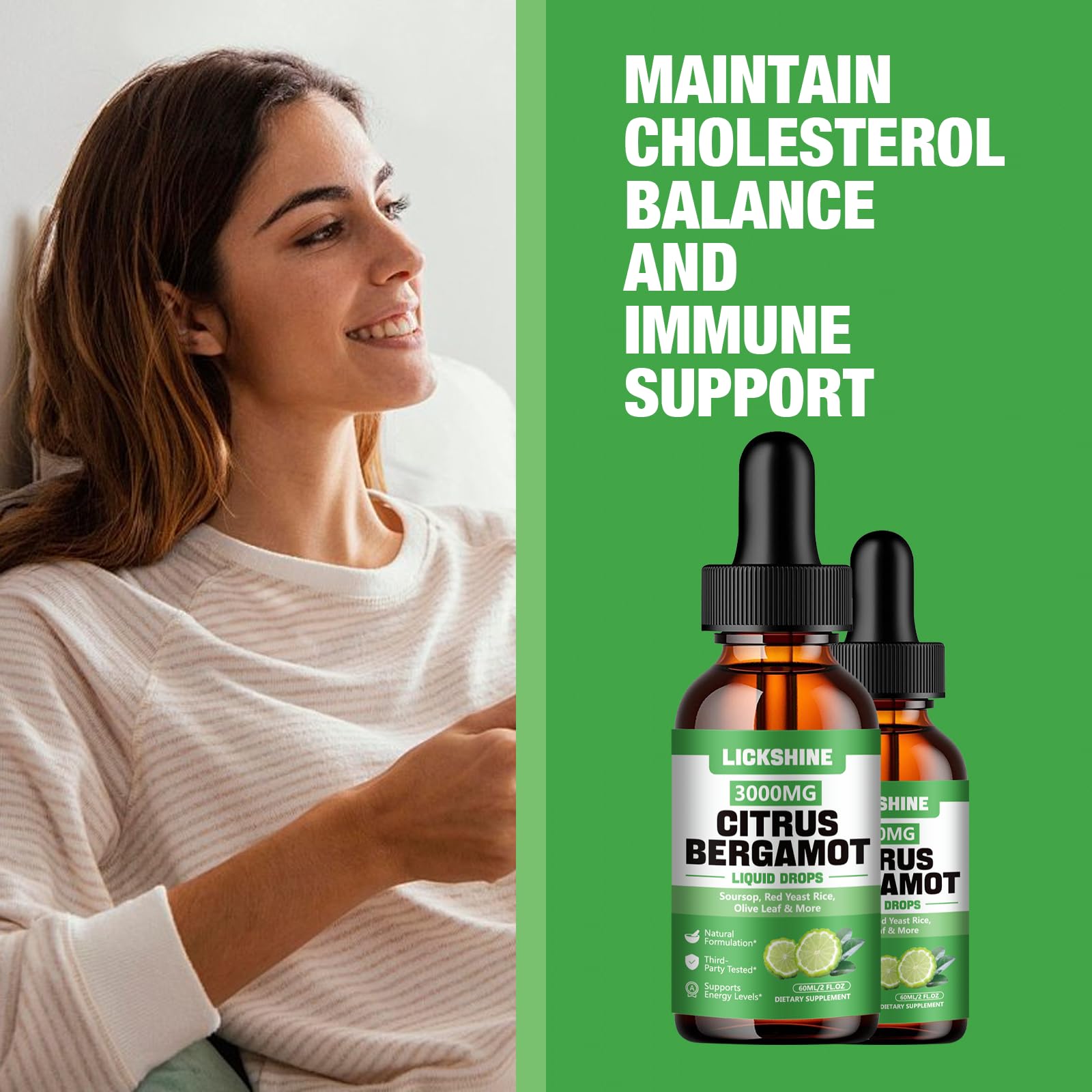 lickshine 2 Pack 3000mg Citrus Bergamot Liquid Drops - High Absorption - Cholesterol Lowering Supplement for Immune Support Anti-Aging,