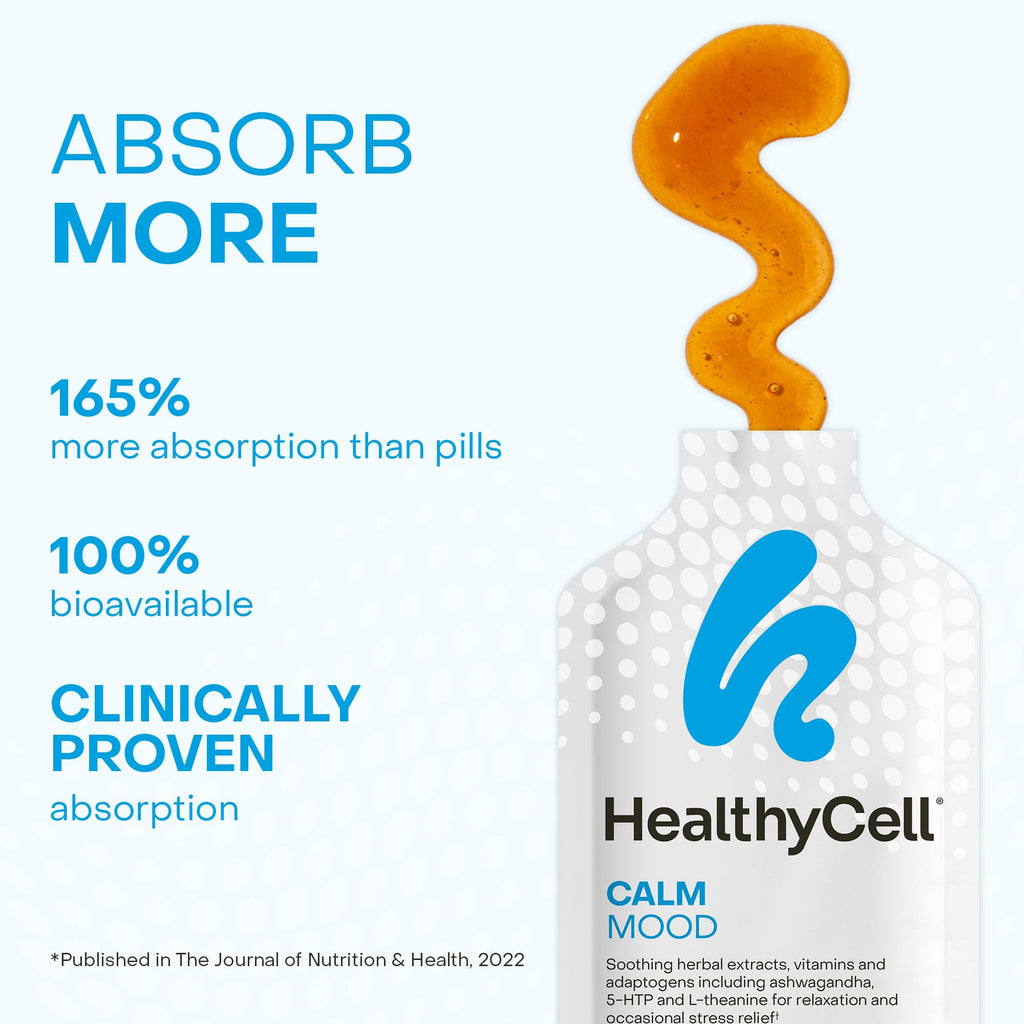 Healthycell Calm Mood Daily Liquid Supplement - Cortisol Manager & Mood Support Supplement for Stress with Ashwagandha, L-Theanine, Magnesium, 5-HTP, GABA & Saffron - 30 Gel Packs Healthycell Au supplements
